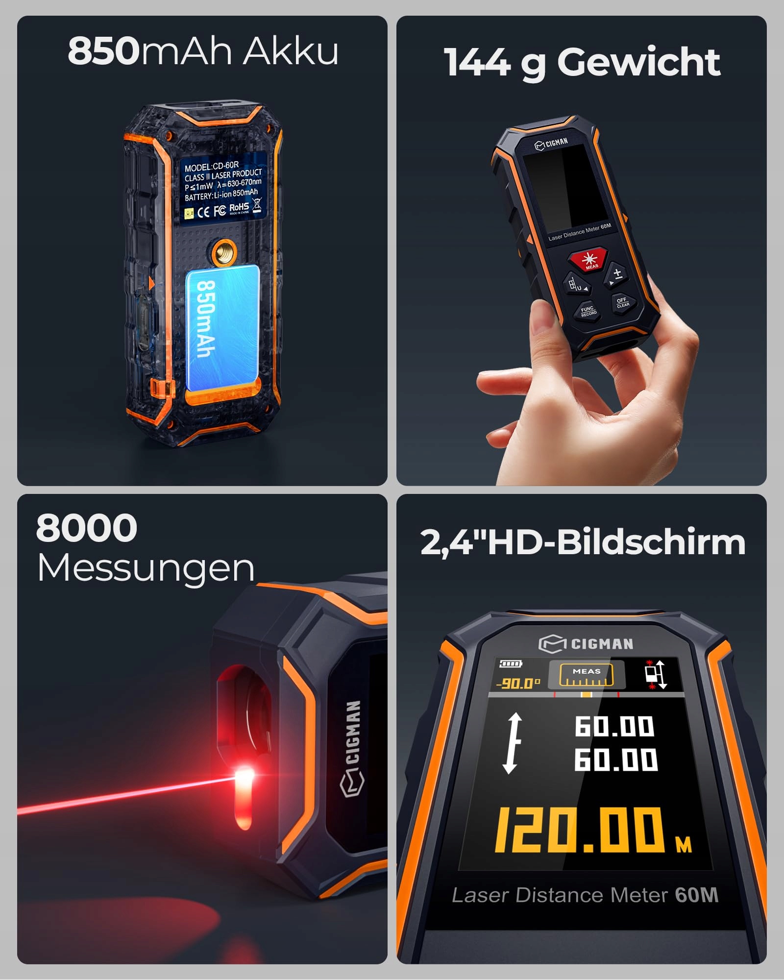 CIGMAN Dalmierz Laserowy Dwukierunkowy 120m USB Wbudowana Poziomica — miniatura 4