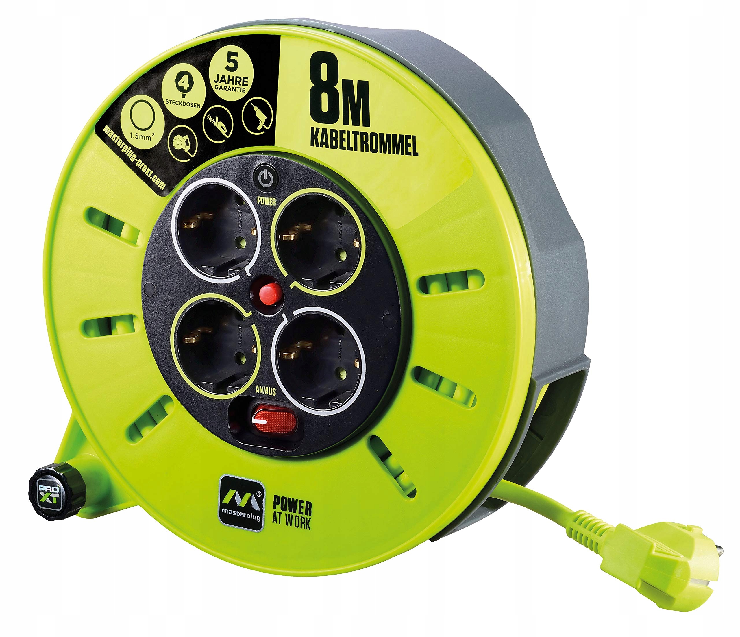 MASTERPLUG PRO-XT Przedłużacz Bębnowy 4 Gniazda 8m Kabel Zabezpieczenie — miniatura 2