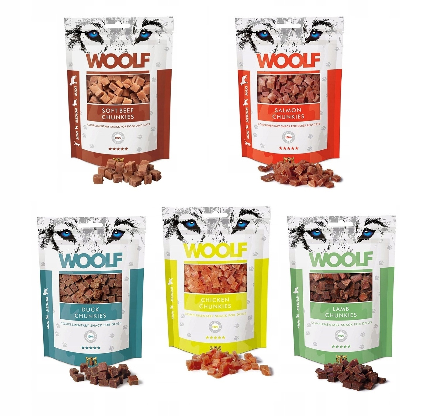 Woolf Psí pamlsky kousky pamlsky mix chutí 5 x 100g