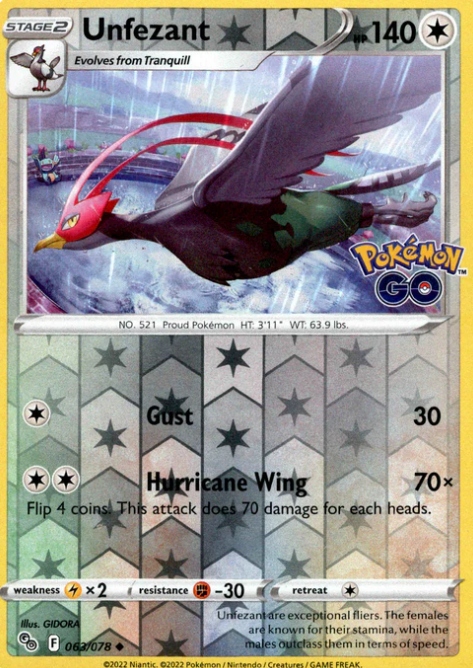 Pokemon Go 063/078 Unfezant Reverse Holo Tcg