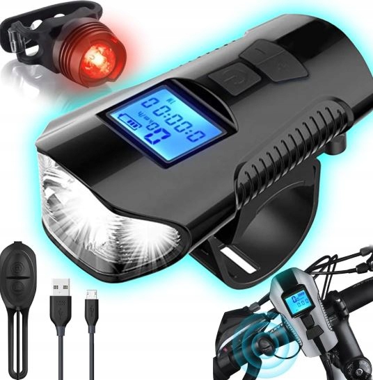 LAMPKA ROWEROWA LED LATARKA NA ROWER LICZNIK ROWEROWY DZWONEK DO ROWERU USB
