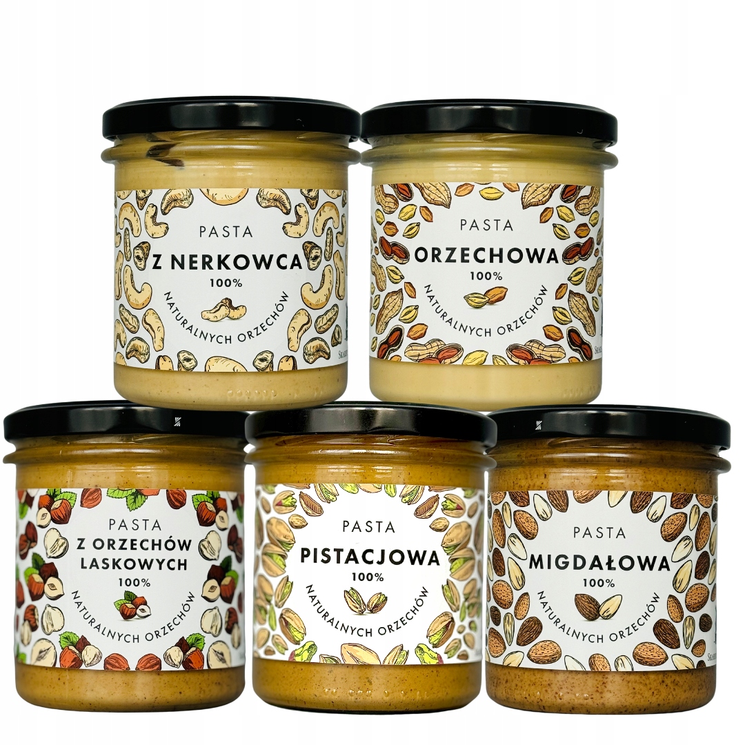 Pasty orzechowe Pistacja, Migdał, Laskowy, Nerkowiec, Ziemny, 5 słoików