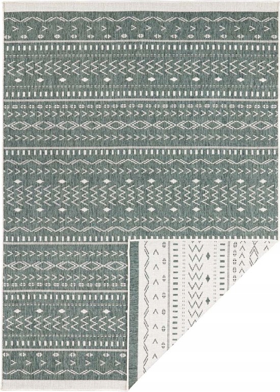 Koberec na terasu 120x170, zeleno krémový oboustranný, plochý tkaný provázkem