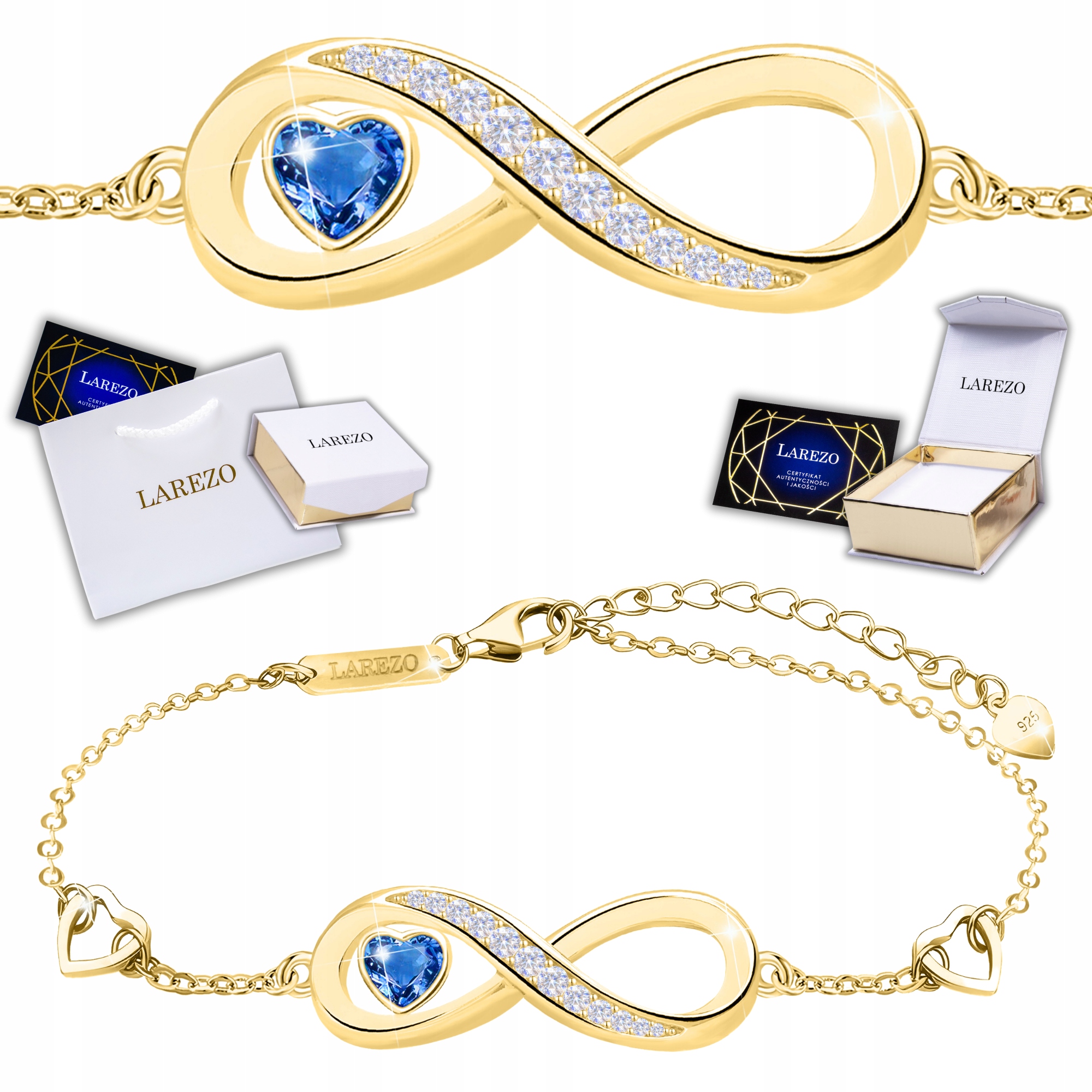 Zlatý náramek Stříbro 925 Nekonečno Modré srdce Pozlacené 585