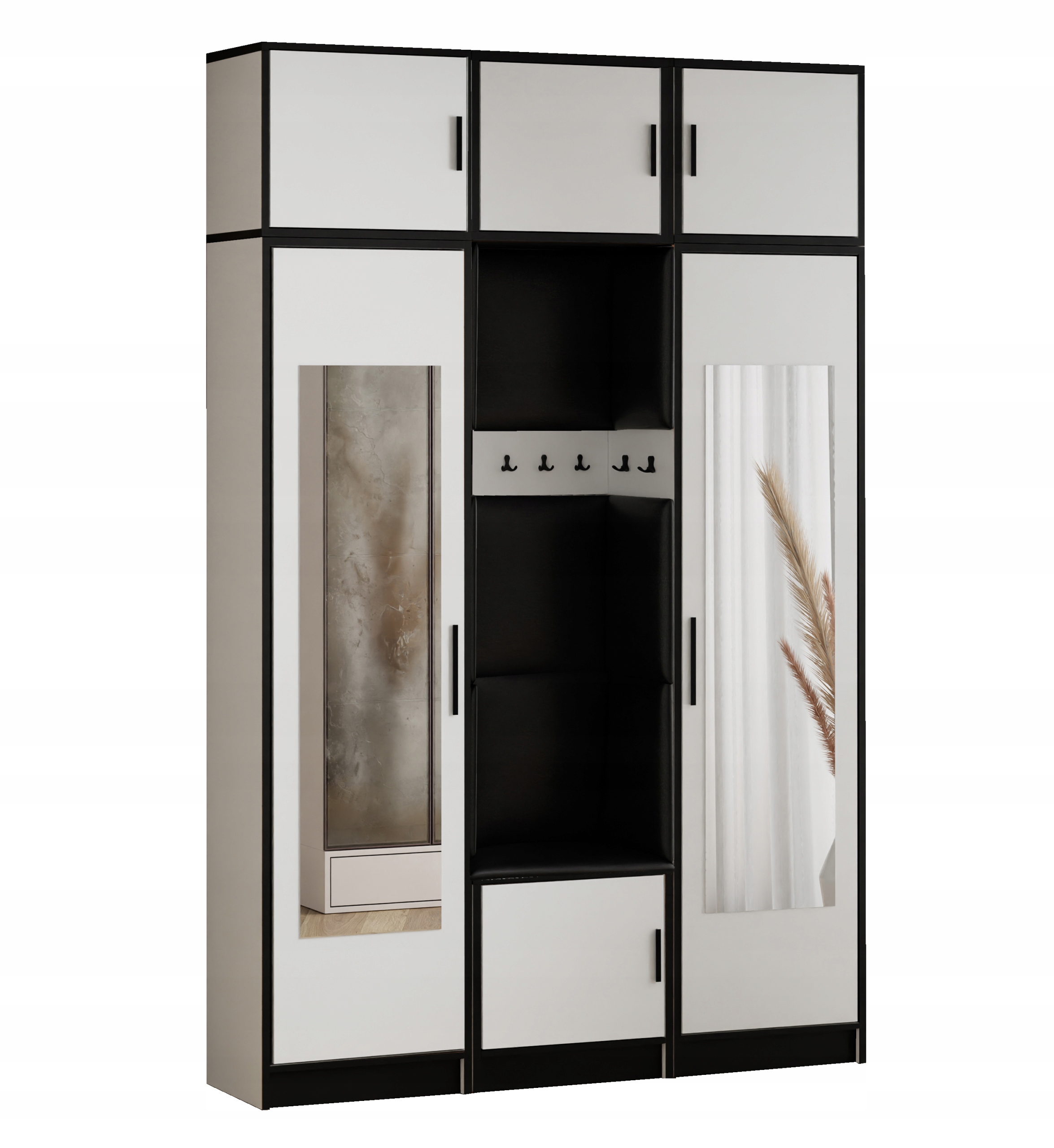 Šatní skříň Dior 12 bílá černá ekokůže s zrcadlo sedákem a nástavcem