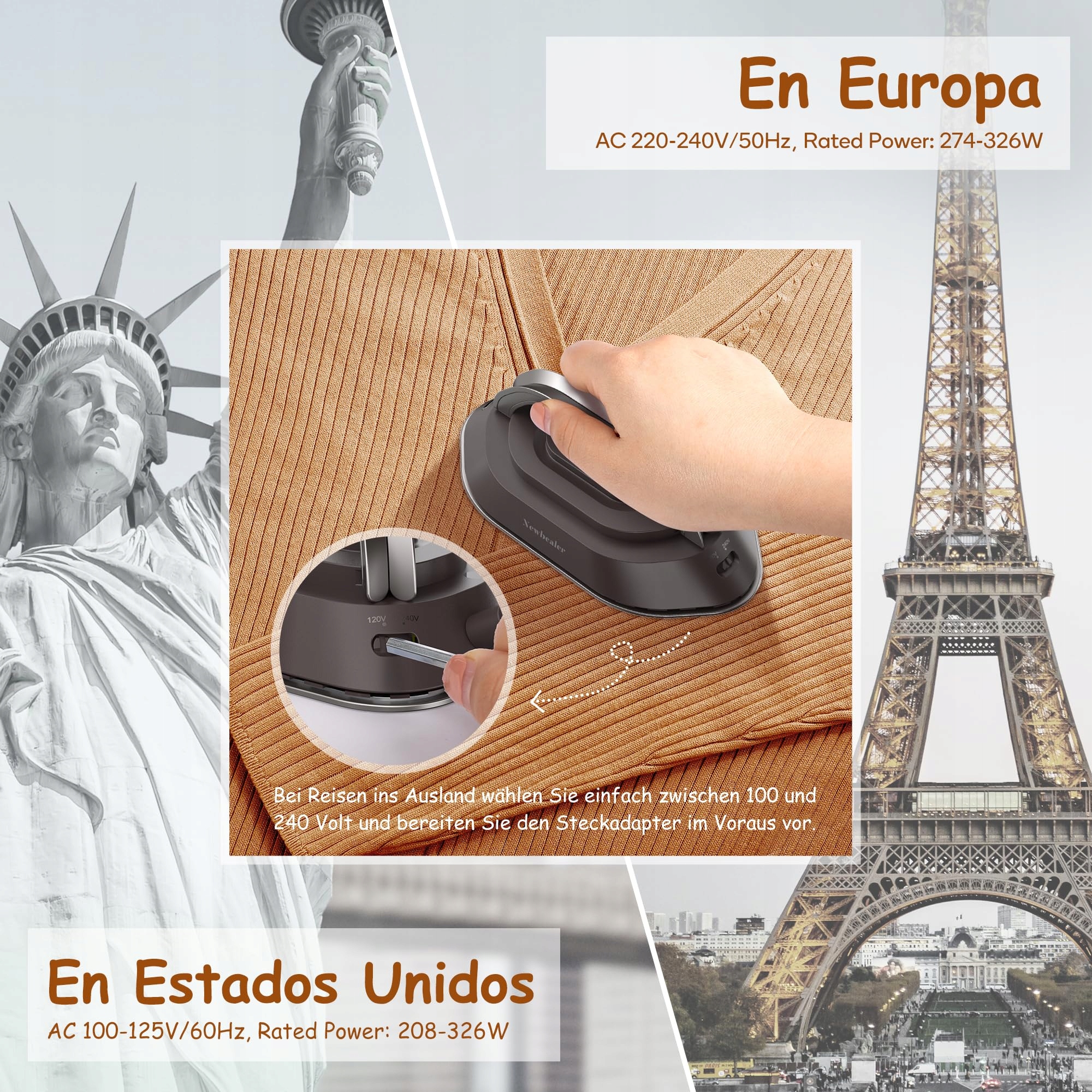 NEWBEALER Mini Żelazko Podróżne Dwunapięciowe 220V/120V Ceramiczne — miniatura 3