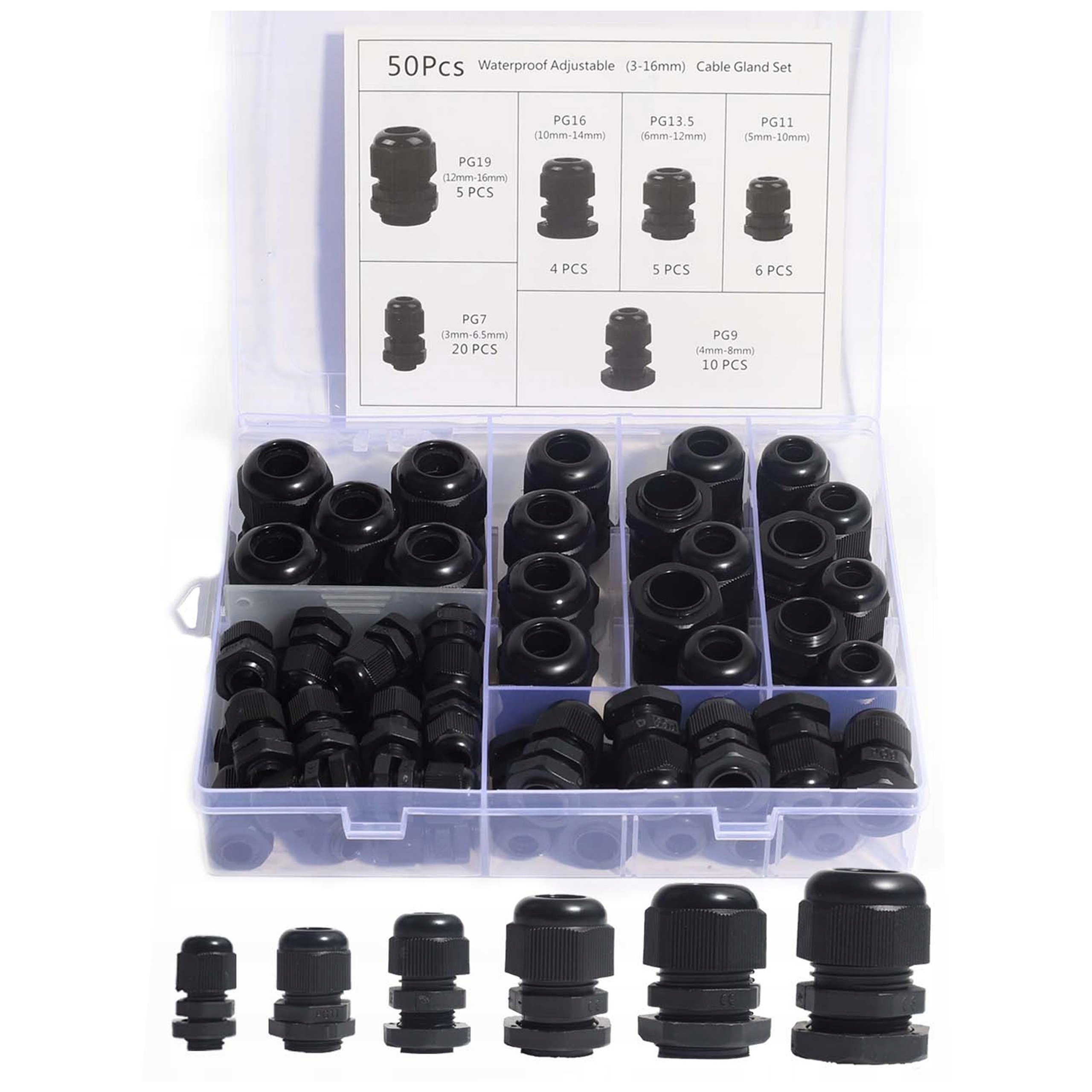 ZESTAW XXL DŁAWIK KABLOWY IP68 WODOODPORNY 3-16mm CZARNY DŁAWNICA 50 SZT