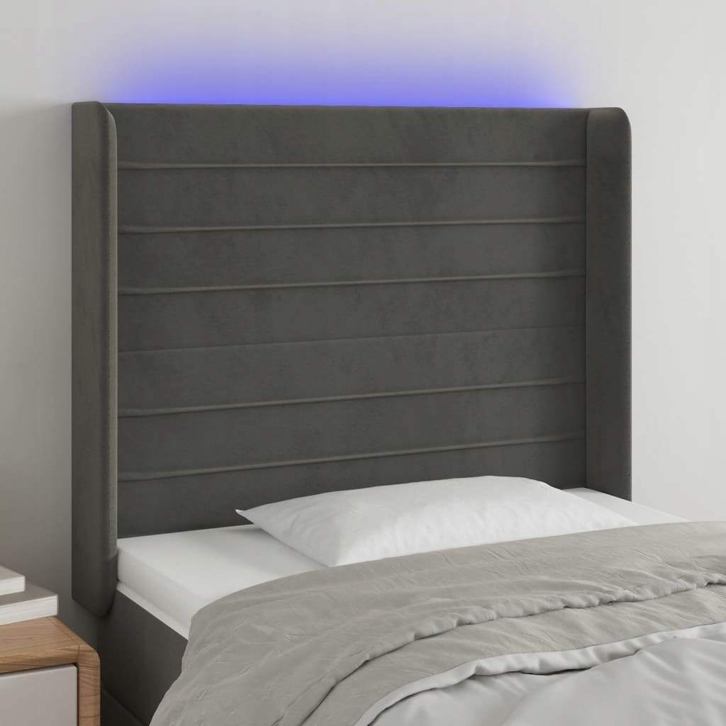 Opěrka hlavy k posteli s Led, tmavě šedá, 103x16x118/128 cm, samet
