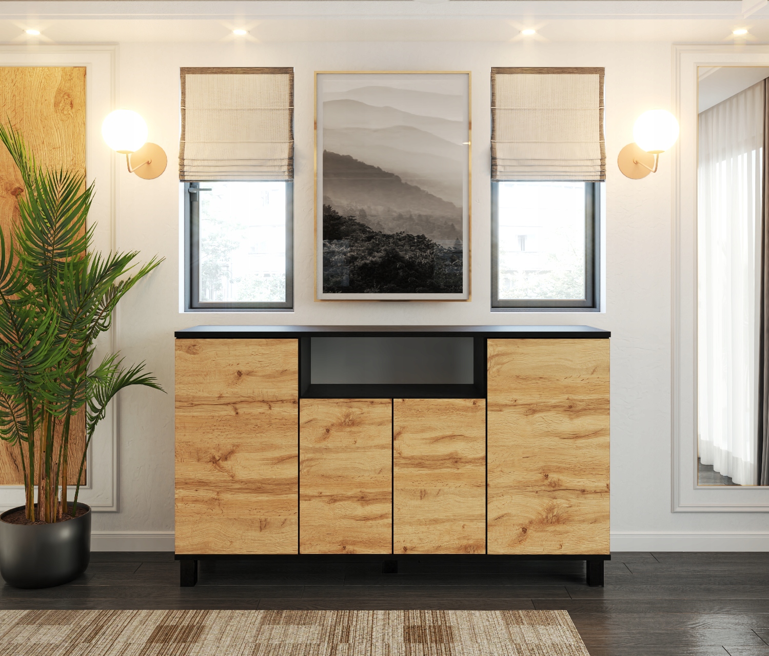 DUŻA KOMODA CZARNA DĄB WOTAN DĘBOWA 140 CM| SZAFKA RTV | MEBLE DO SALONU Marka Stiv-Meble