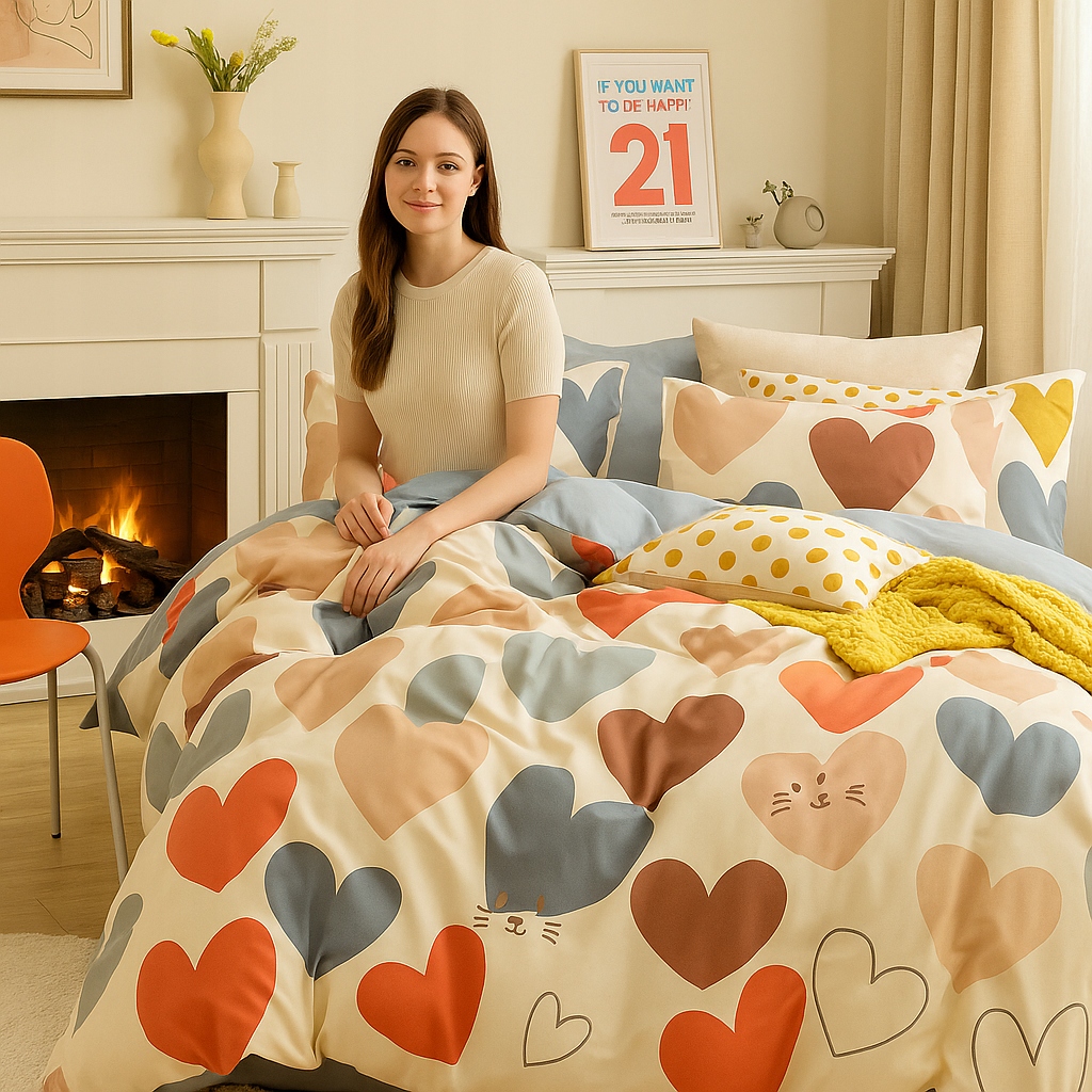 3 szt. Nadruk serca 100% bawełniany zestaw poszewek na kołdrę do sypialni 160×200 cm