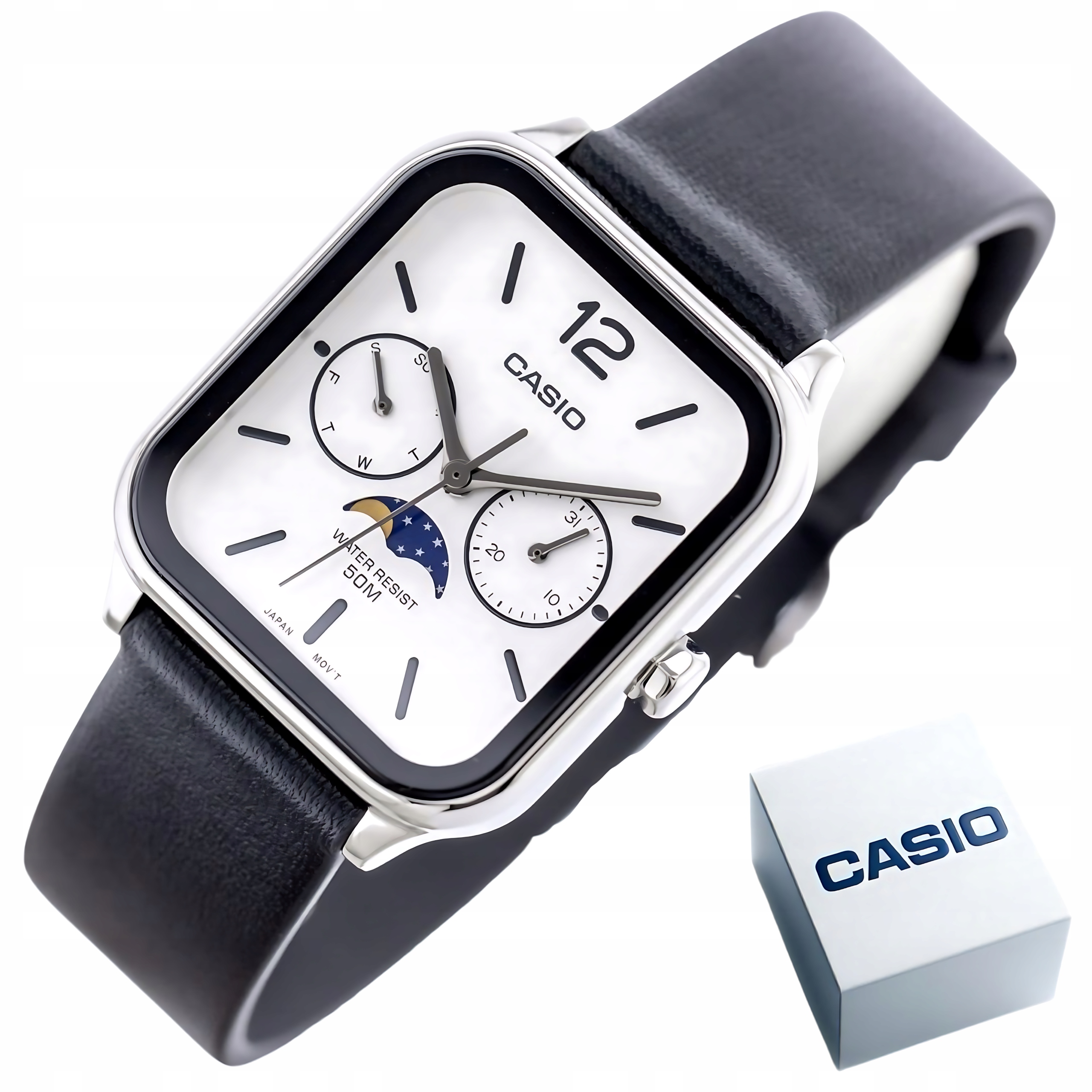 Pánské Hodinky Casio MTP-M305L-7AV Moon Phase Obdélníková kůže WR50 Datum