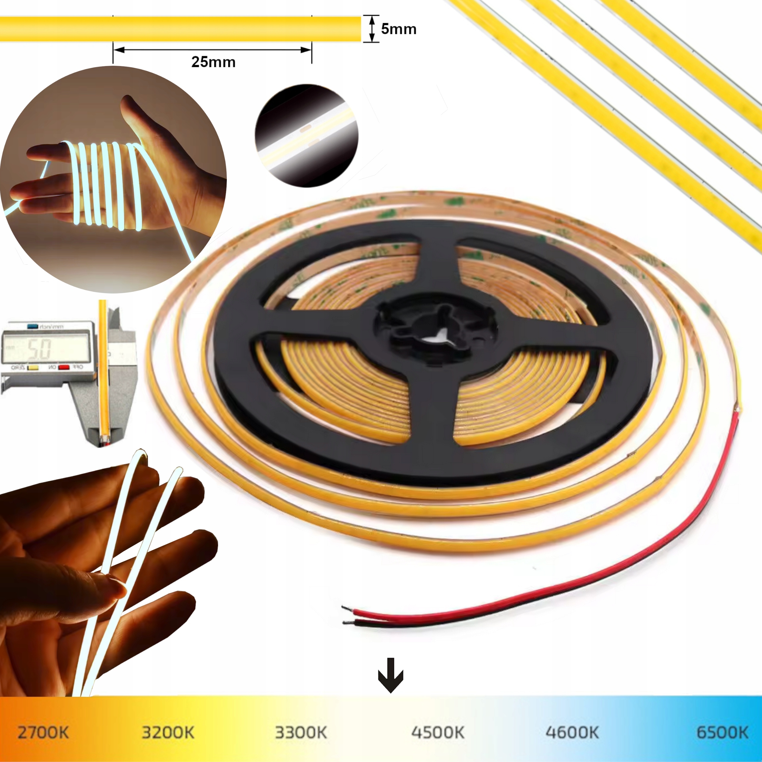Taśma LED COB 5mm 7W/m BIAŁA NEUTRALNA 4000K BEZPUNKTOWY NEON 12V IP20 1m