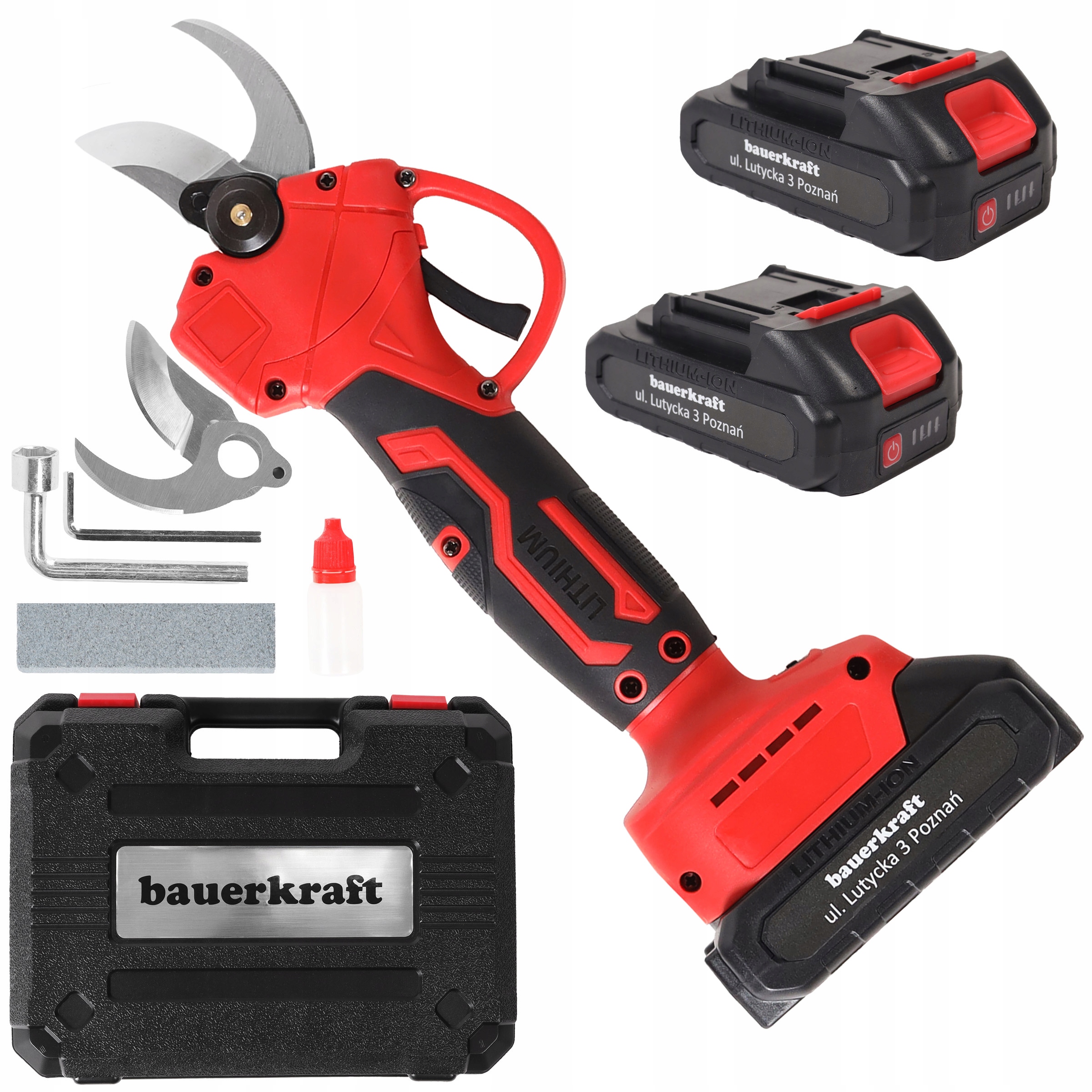 Zahradní nůžky na větve, 2 akumulátory, červená barva