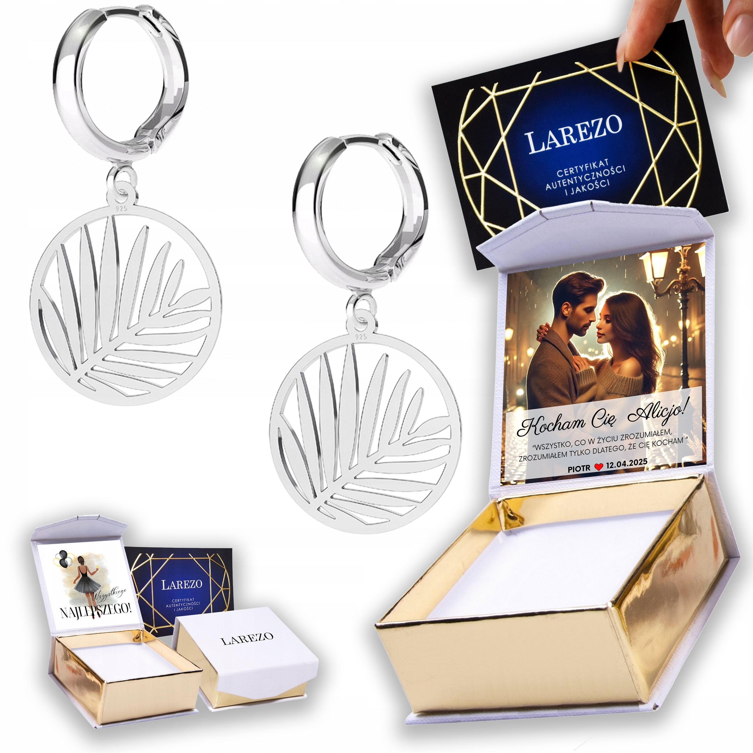 Stříbrné Náušnice 925 Listy Palmy Kulatý plech s Palmou Potisk