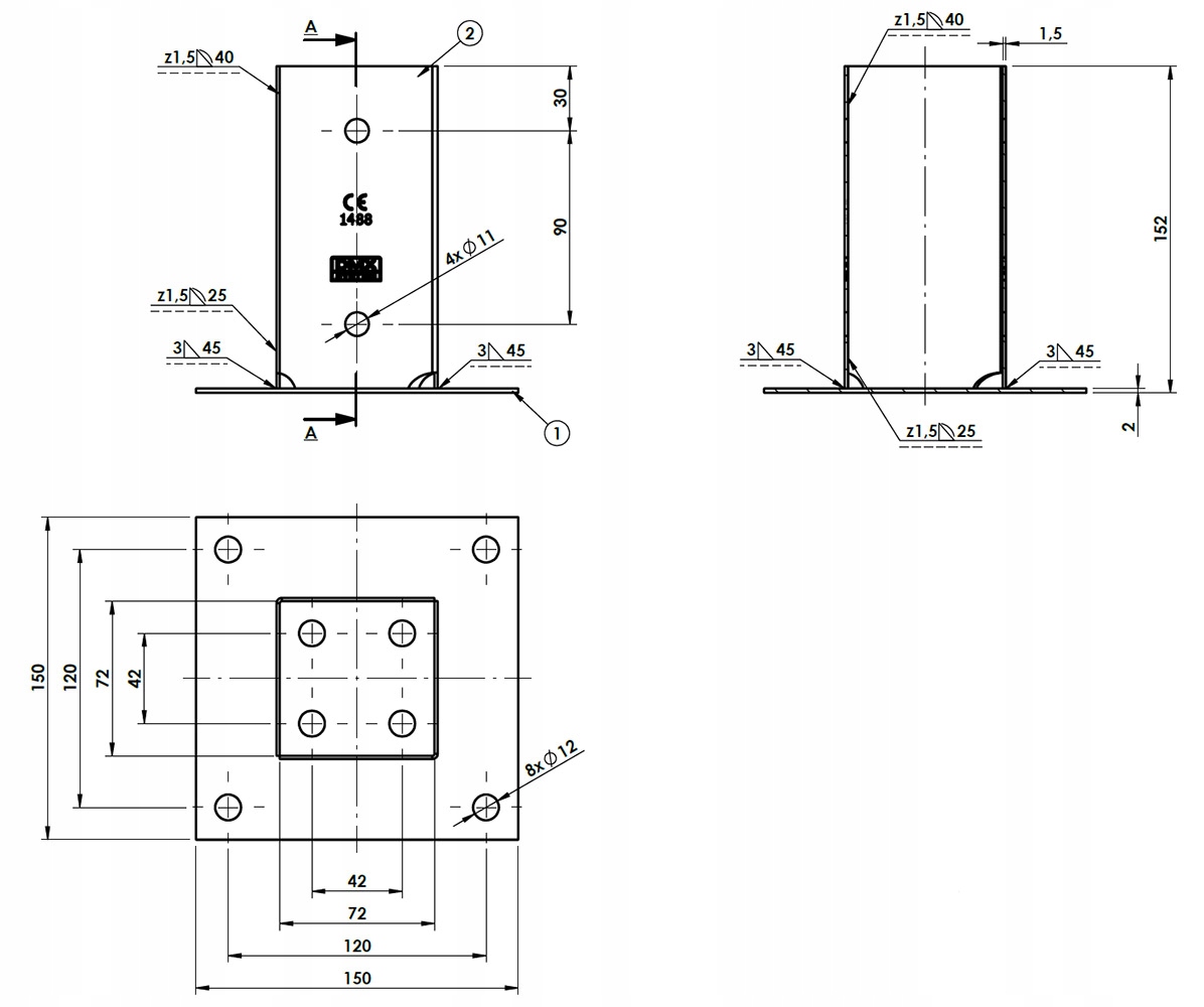 PODSTAWA SŁUPA PRZYKRĘCANA DO BETONU PSP70 72x150x1,8 KWADRATOWA DOMAX Rodzaj podstawa słupa