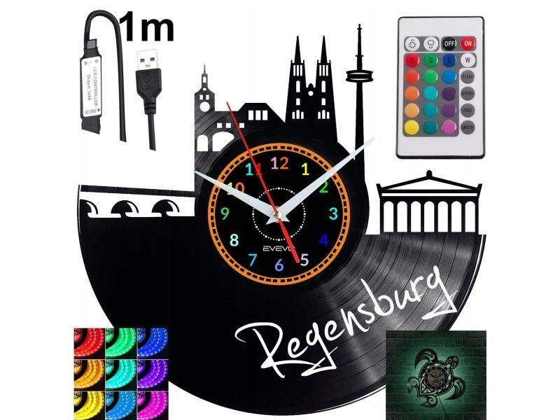 Regensburg Nástěnné podsvícené Led hodiny Rgb na dálkové ovládání Vinylová deska Nově
