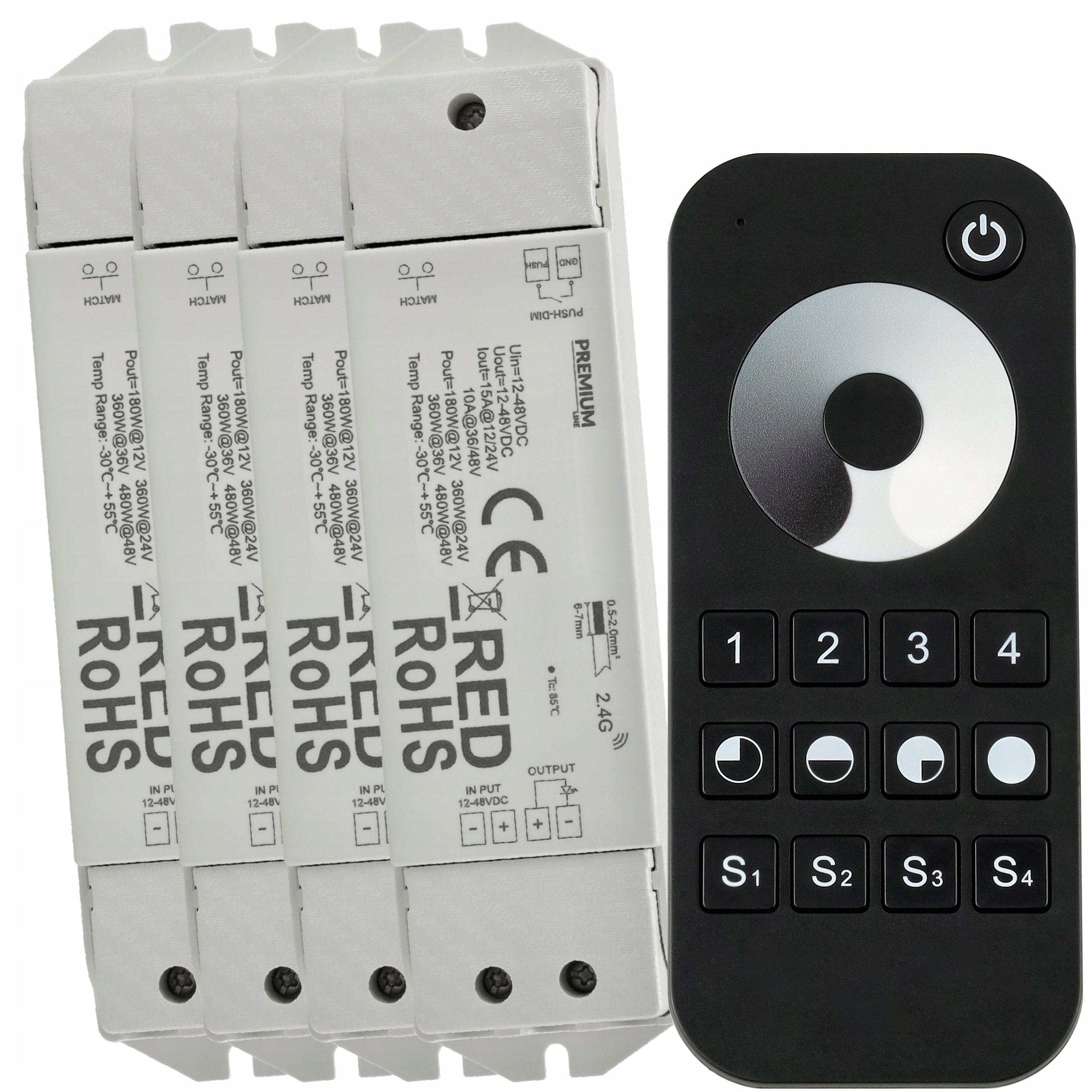 4x Led zónový ovladač Dálkový Ovladač Mono 15A 12V 24V dotykový stmívač sada