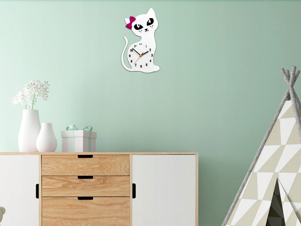 Zegar ścienny KOTEK dziecięcy cichy mechanizm BIEL Zasilanie baterie