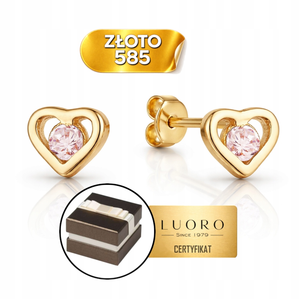 Náušnice Zlaté 585 14K Srdce S Růžovou Zirkonií Tyčinka 4 MM Elegantní