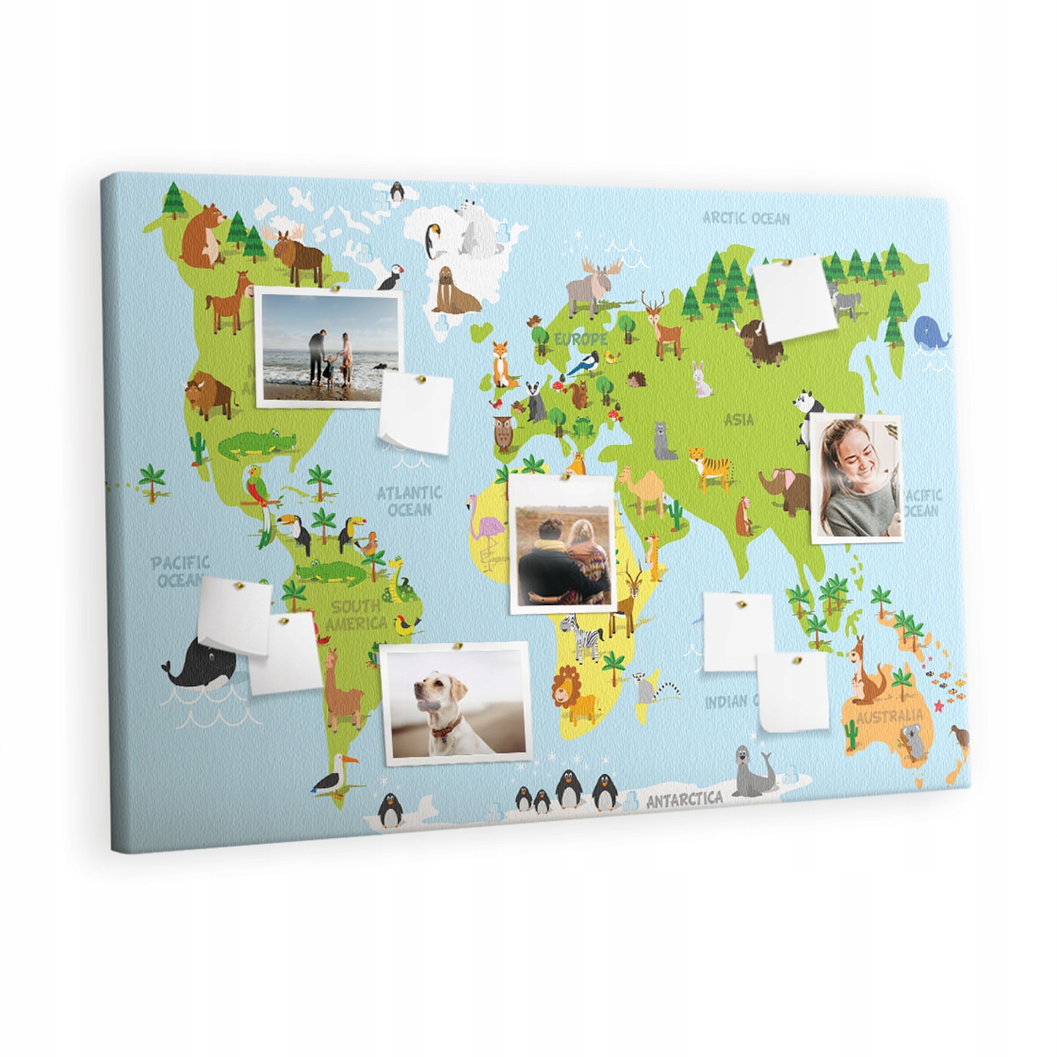 Ozdoby Obraz Korková tabule Mapa světa se zvířaty 120 x 80 cm připínáčky