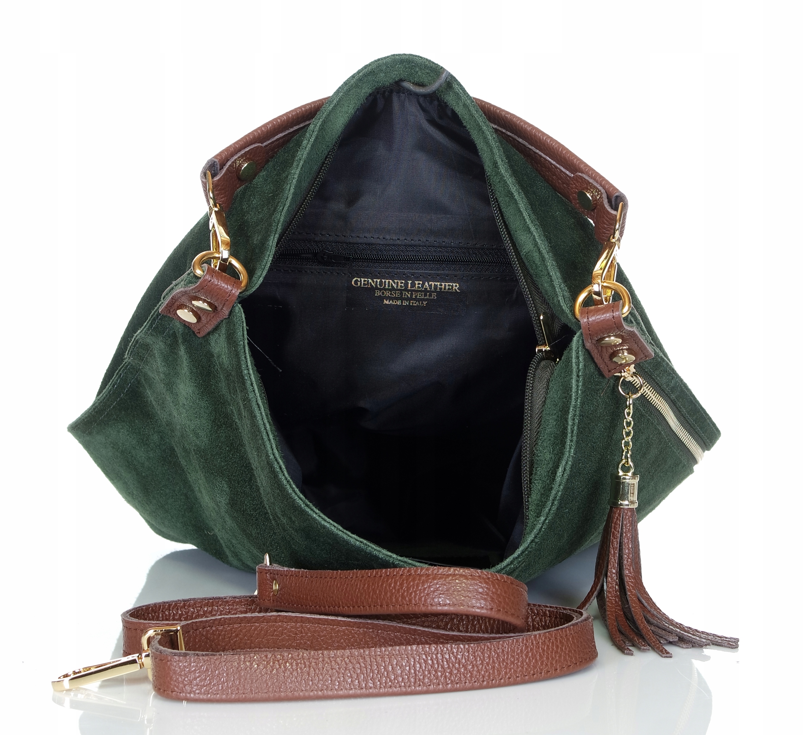 VERA PELLE Włoska Zamszowa zielona TOREBKA worek Skóra naturalna ZJ15 Kolor zielony