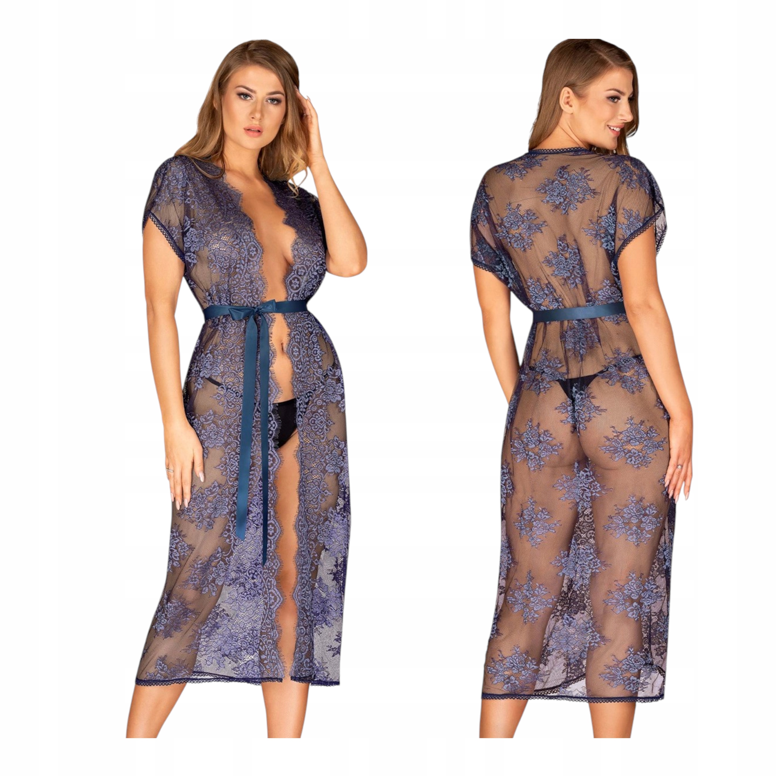 Dámský dlouhý krajkový elegantní tenký župan Obsessive S/m