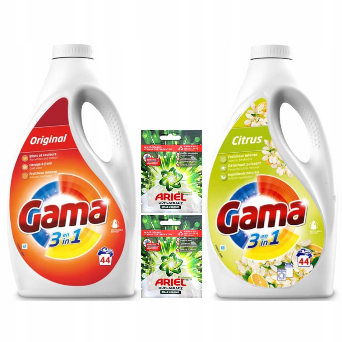 Levně Gel na praní Gama univerzální Mix 2x 1,98 l Odstraňovač skvrn Ariel 2x 30 g