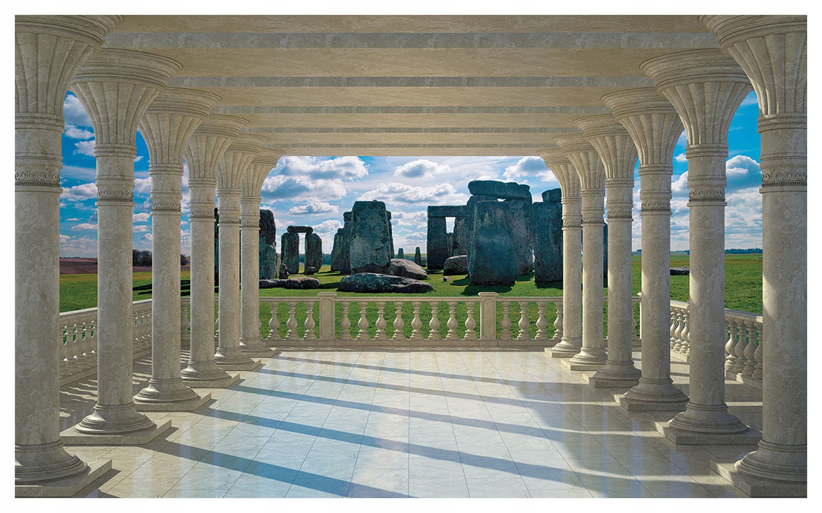 Fototapeta flizelina Stonehenge sloupy oblouky pole tráva nebe 350x250 lepidlo