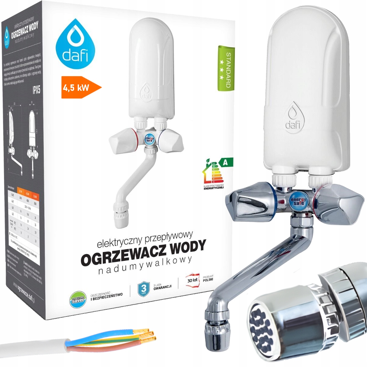 Dafi průtokový ohřívač vody nad umyvadlo 4,5 kW stříbrný chrom
