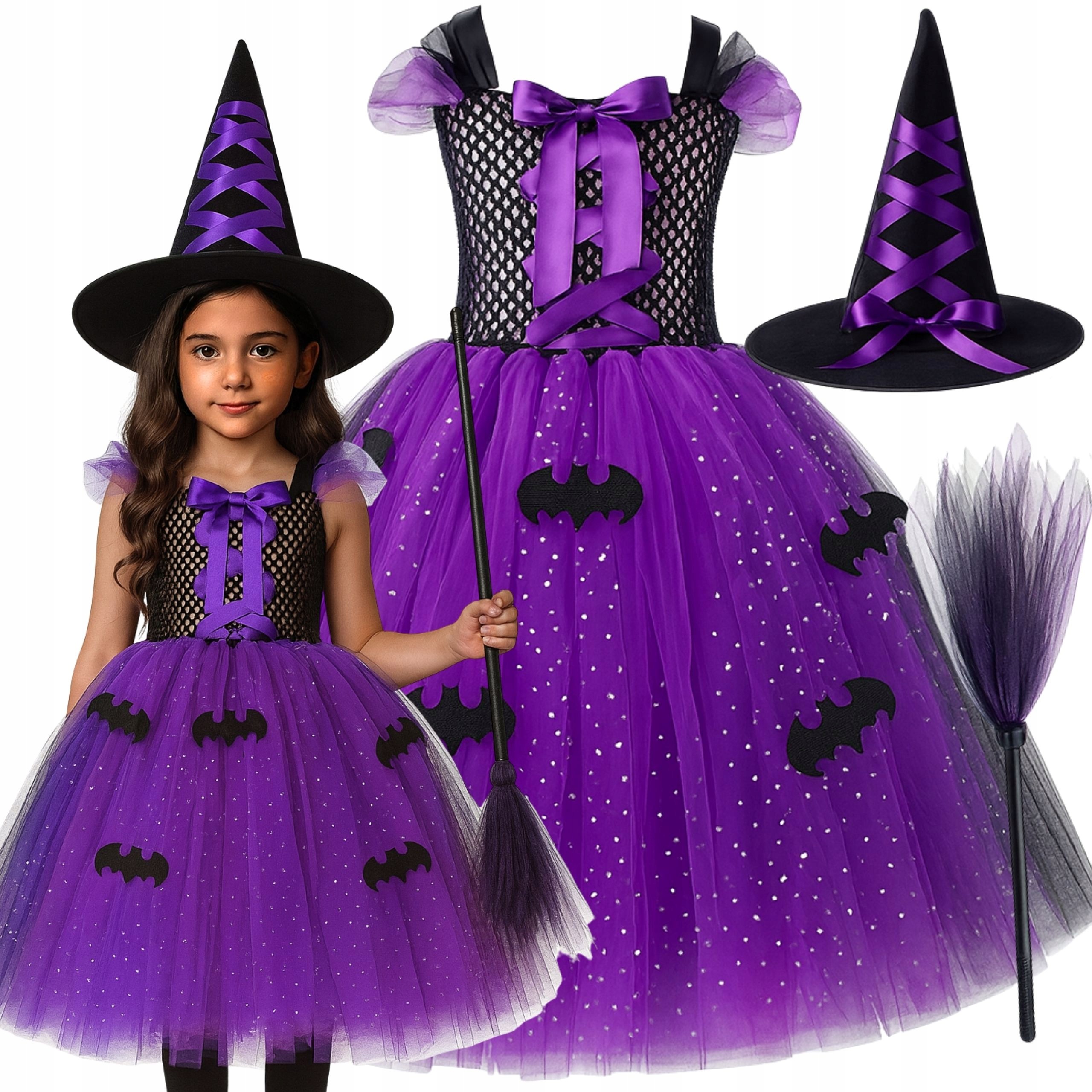 Strój Wiedźma Czarownica Na Halloween Kapelusz Miotła 140 146 CM (10-12 Y)