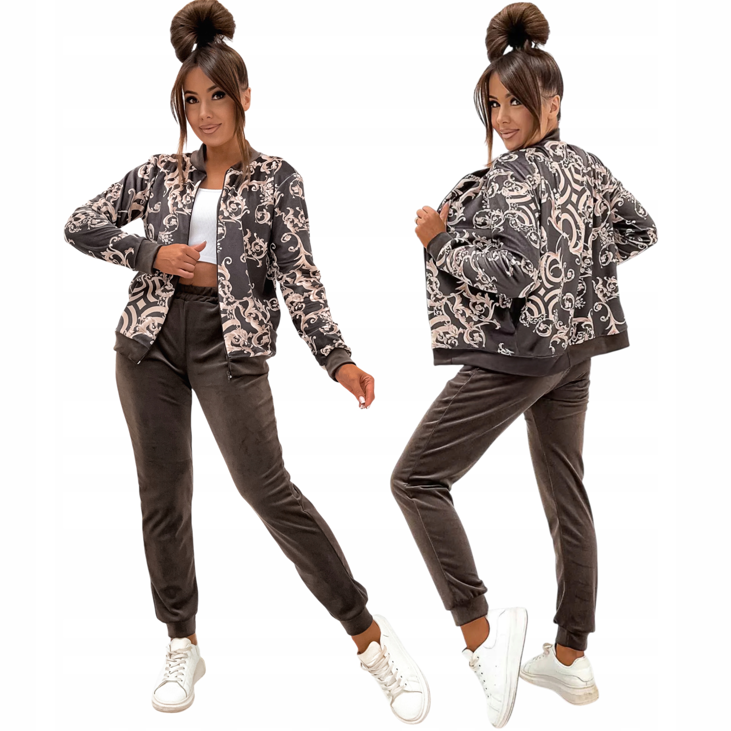 Dres Welurowy Damski Komplet Premium Bluza na Zamek Spodnie Czekolada L/XL