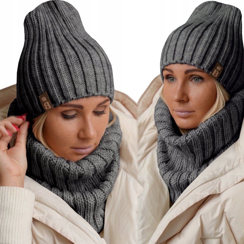 Vlněný, teplý dámský komplet Čepice Nákrčník Polský Silný Zimní S Vlnou