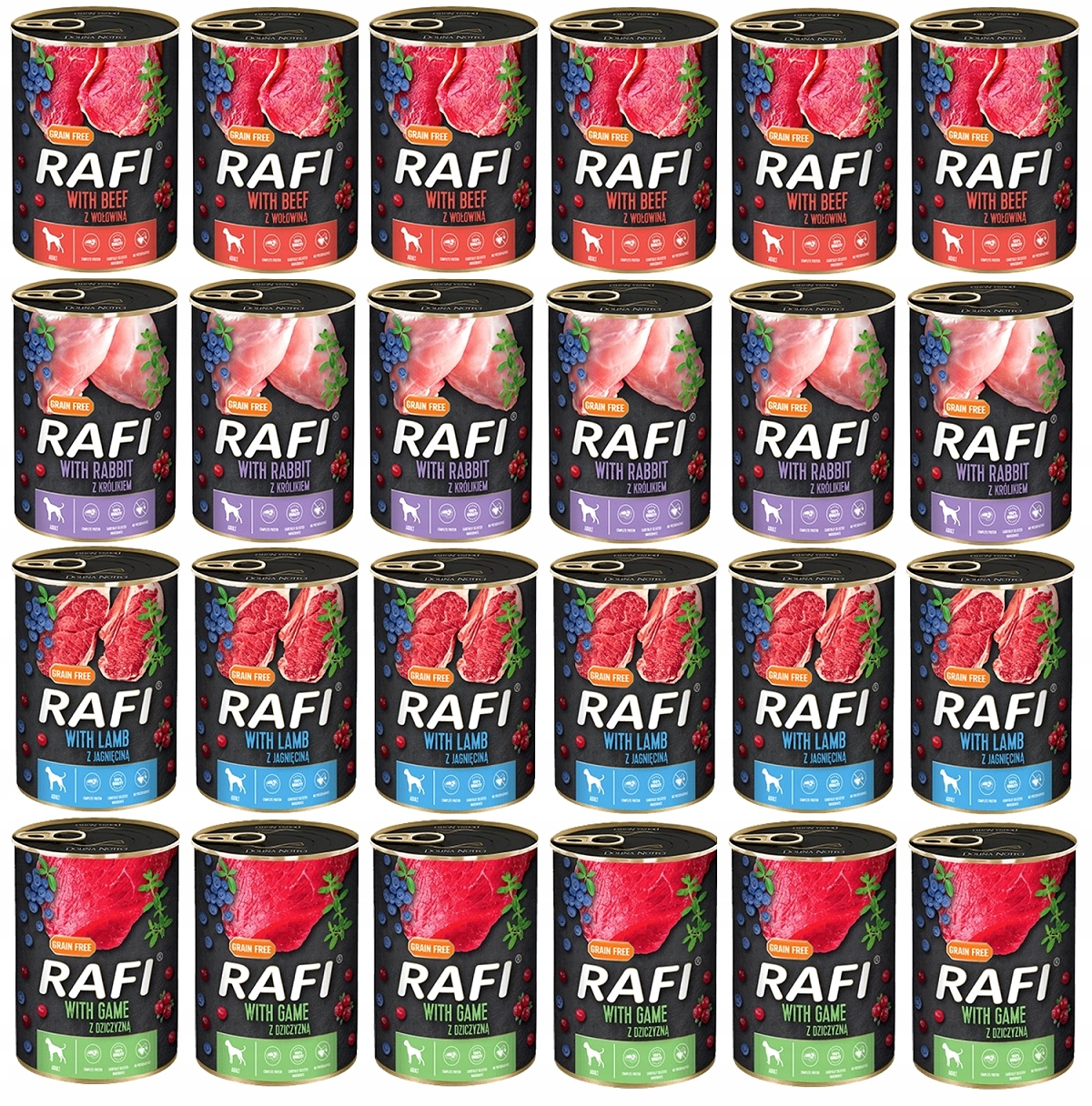 Mokra Karma Rafi Adult Bez Zbóż Puszka MIX Smaków 24 x 400G Dolina Noteci