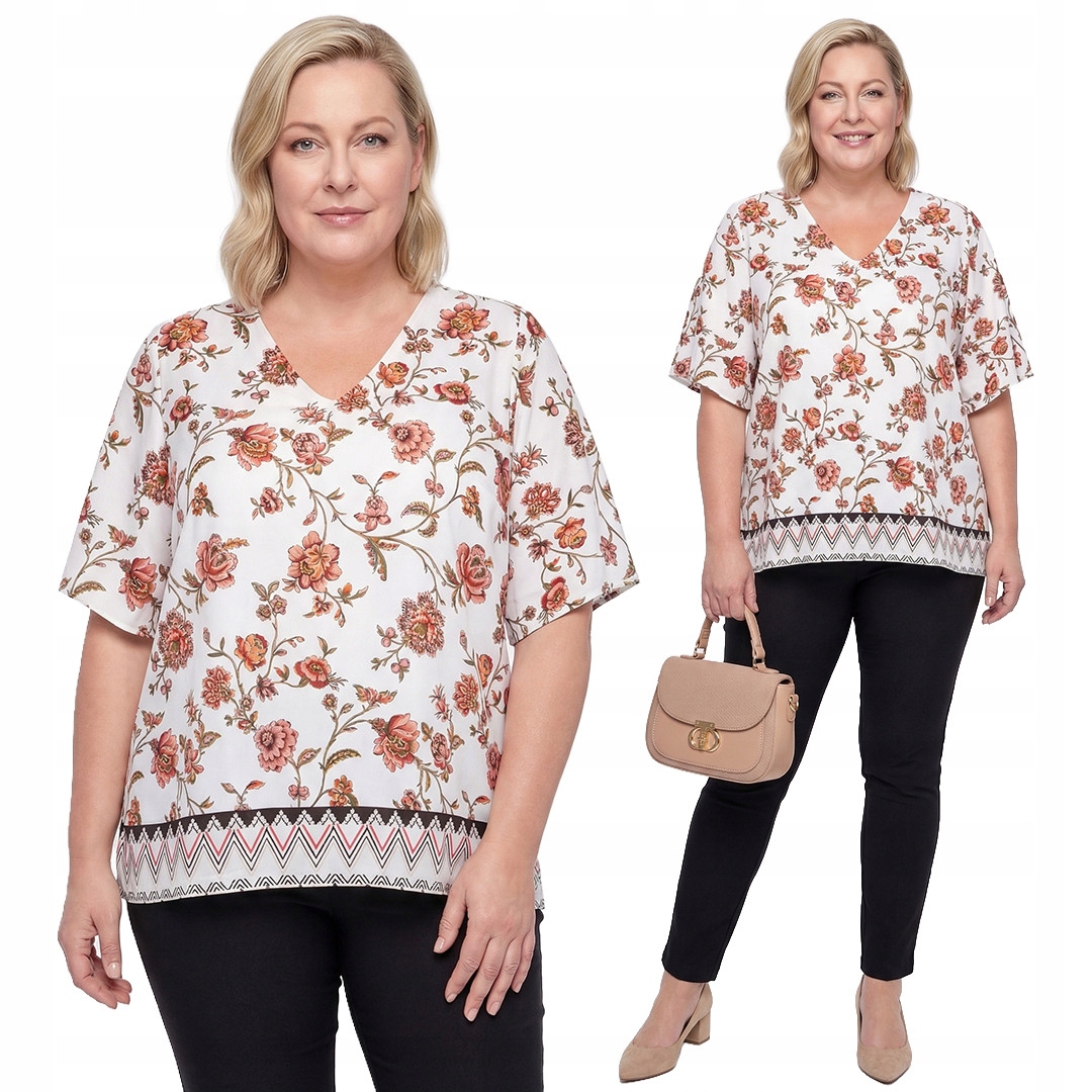 Volná halenka s hnědými květy a velikostí velikost 60/62