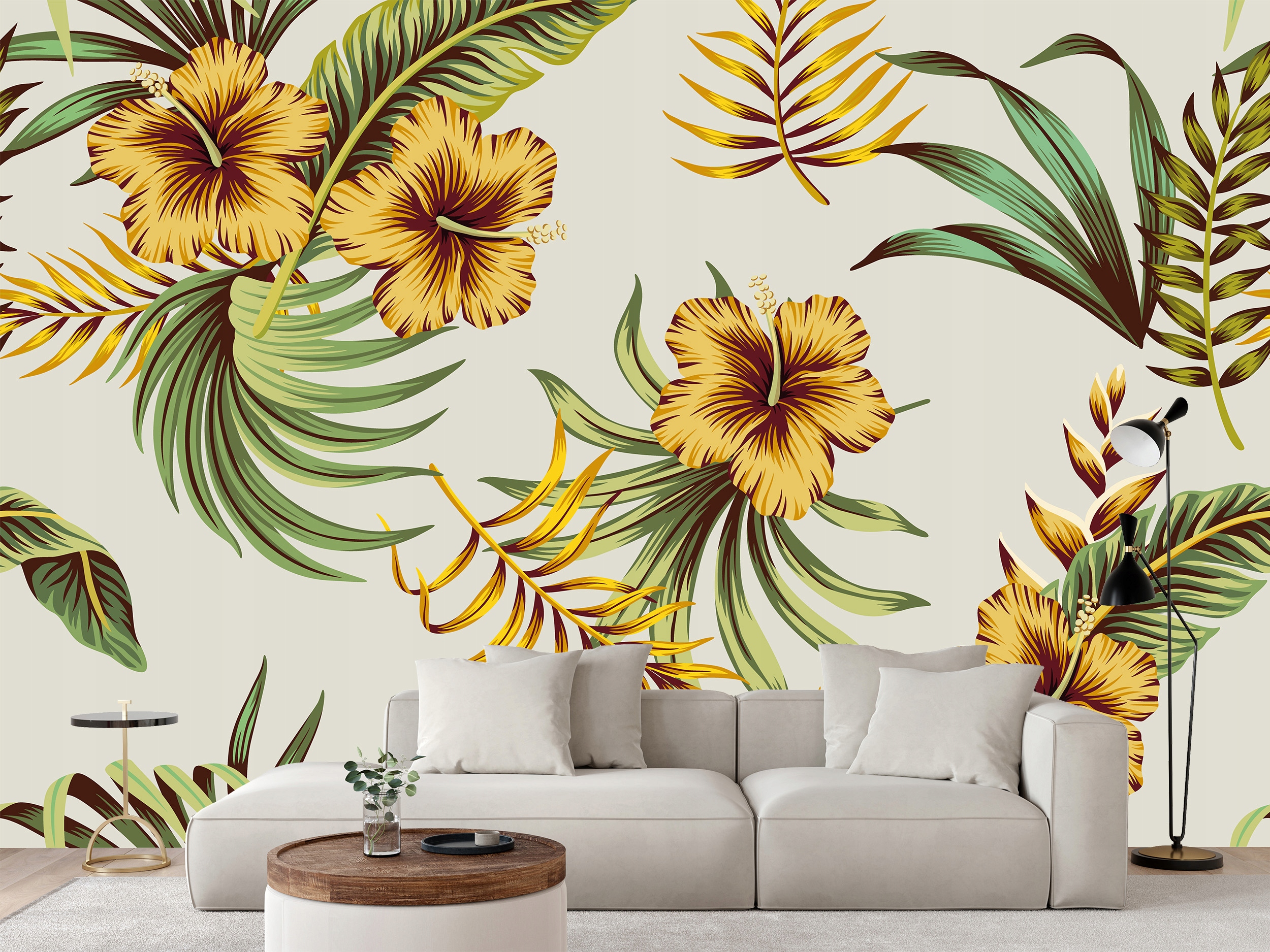 Fototapeta Žluté Květy Ibišku Palmové Listy Džungle 368 x 254 cm