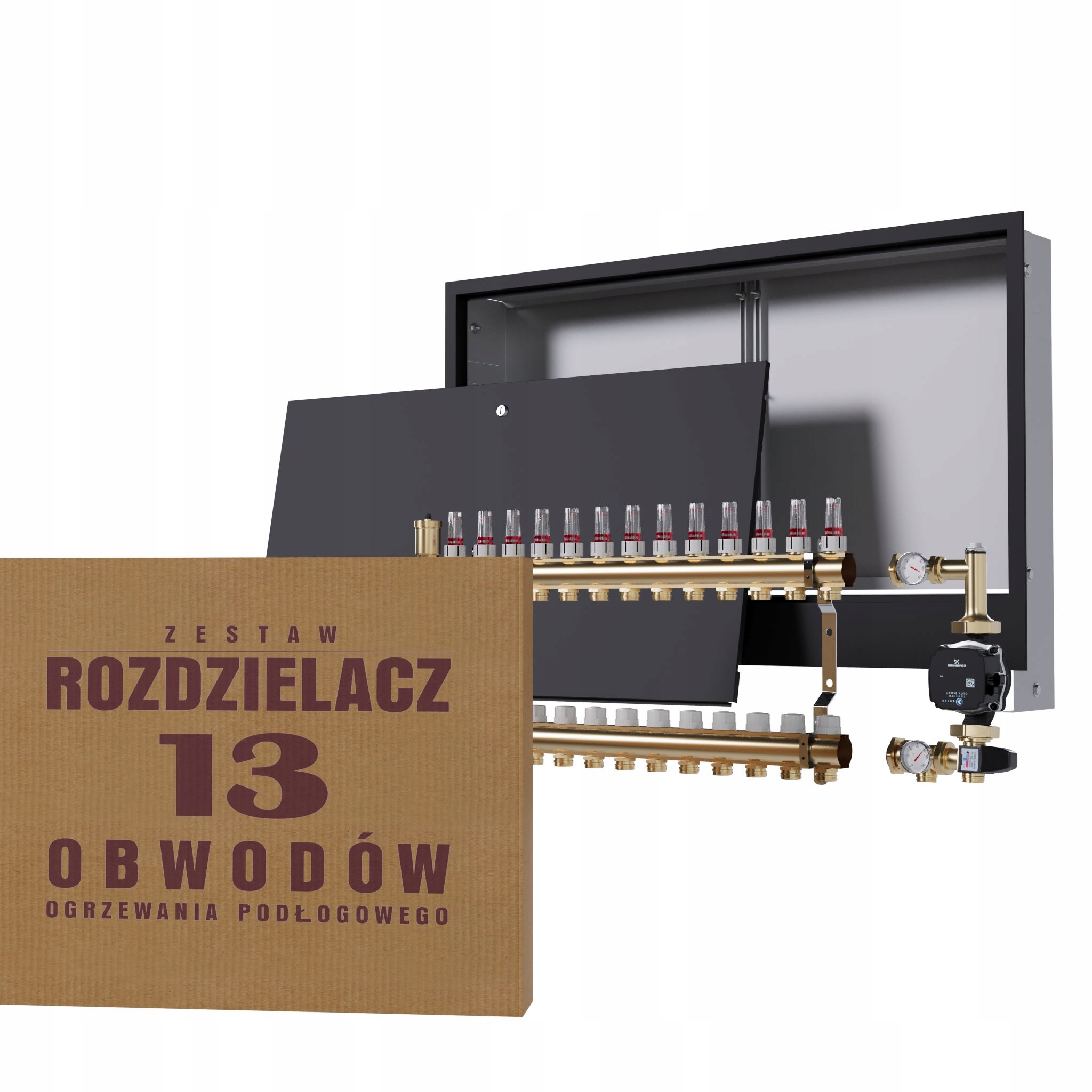 Rozdělovač pro podlahu 13 okruhů se skupinou Grundfos podomítkový černý