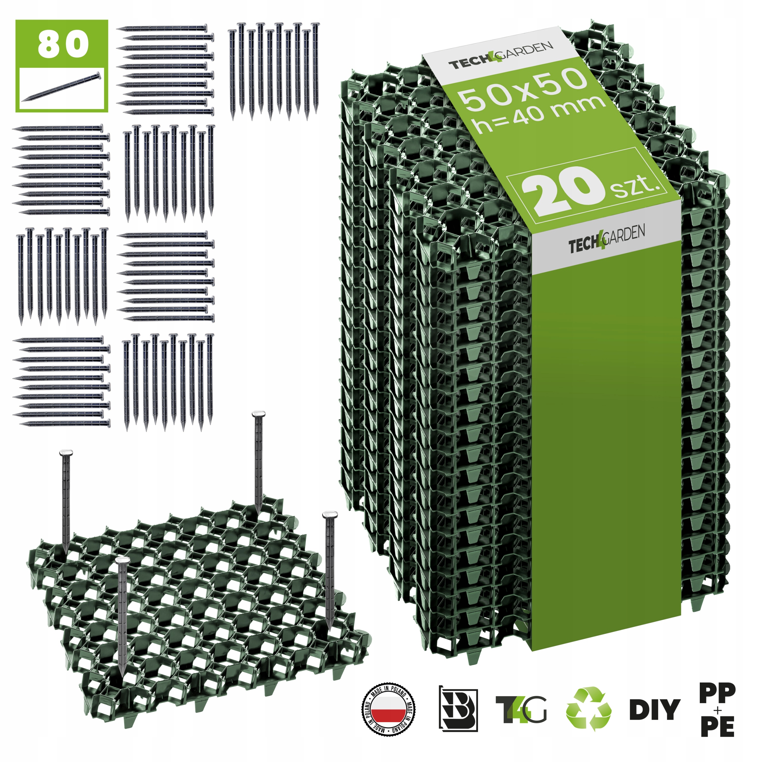

20x Kratka trawnikowa Zielona 50x50x4 cm + 80kotwy
