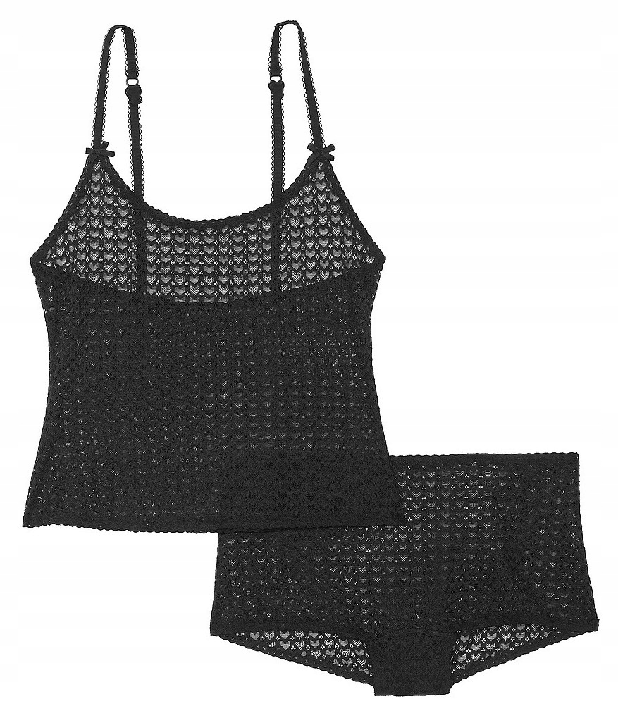 Komplet krajkového topu a šortek Victoria's Secret Pink černé srdíčka Xs