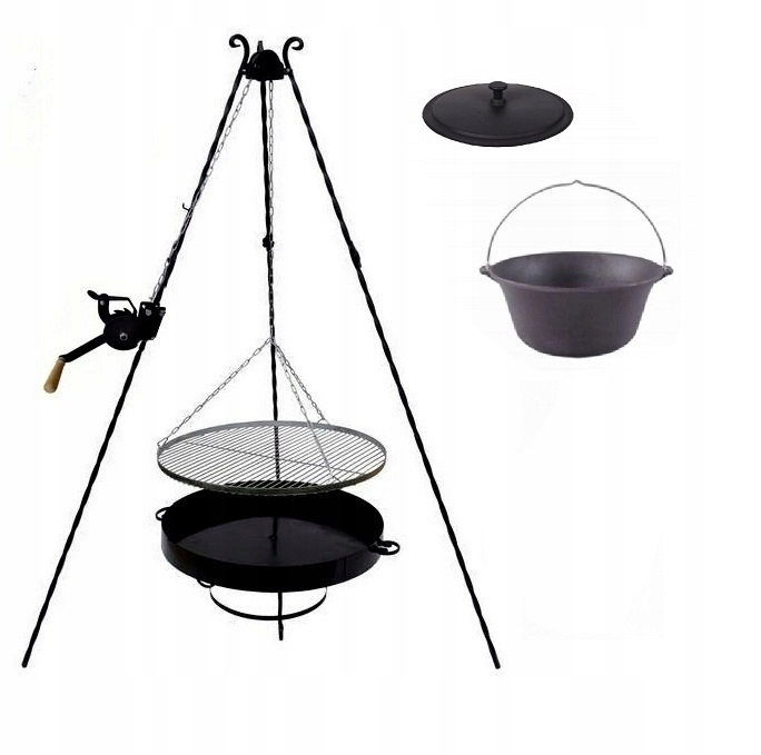 Grill XXL kołowrotek Ruszt nierdzewny 80cm +kociołek Żeliwny 8 l pokrywka