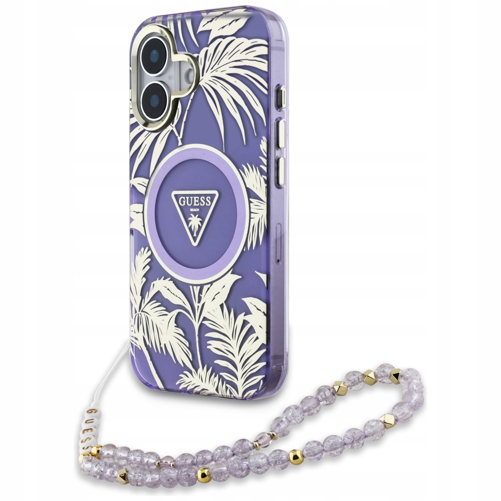 Pouzdro Guess Palm Trees Triangle Pearl Strap MagSafe pro iPhone 16 fialové
