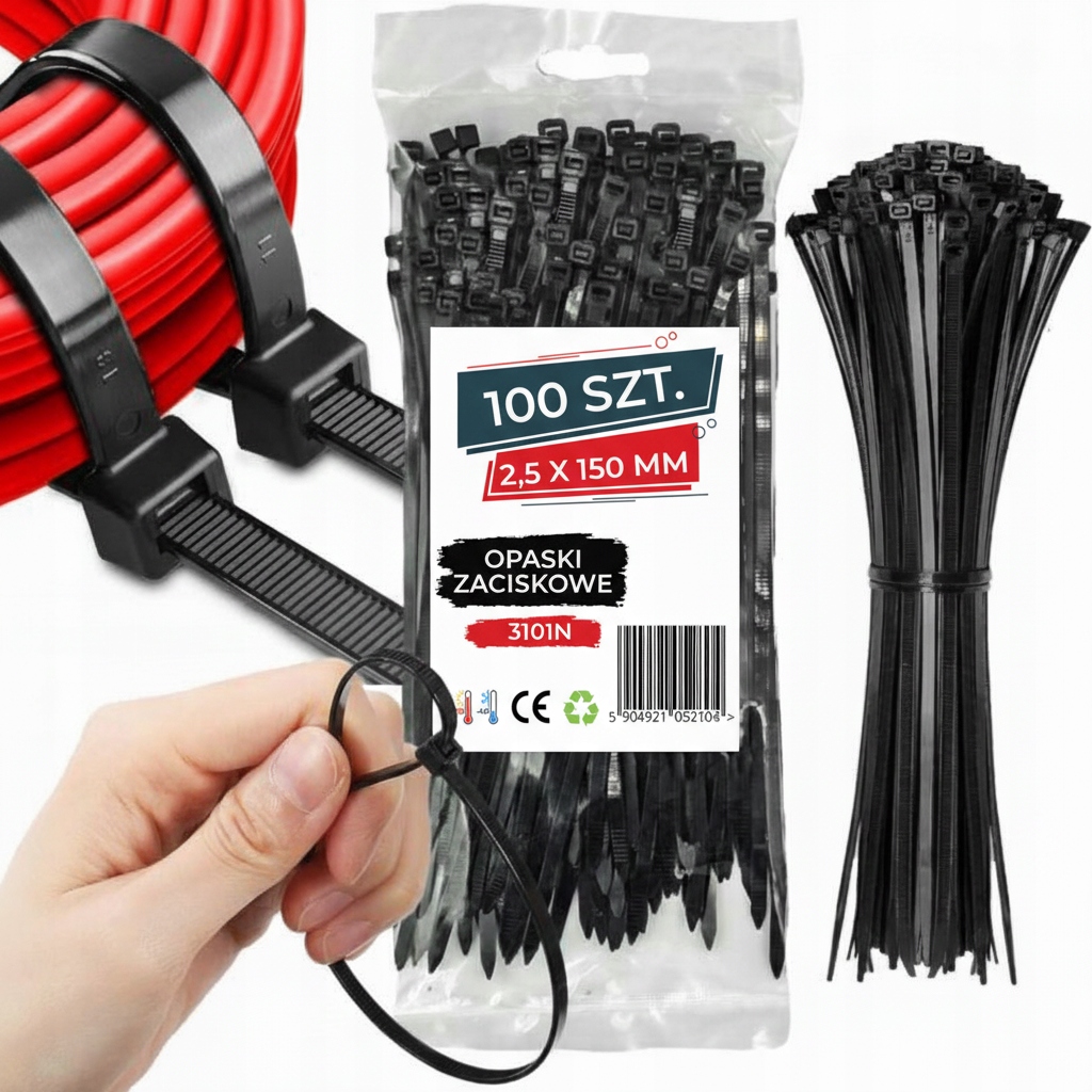Opaski Zaciskowe 2,5x150mm 100 Szt Czarne Trytytki Kablowe, Mocne Trytki