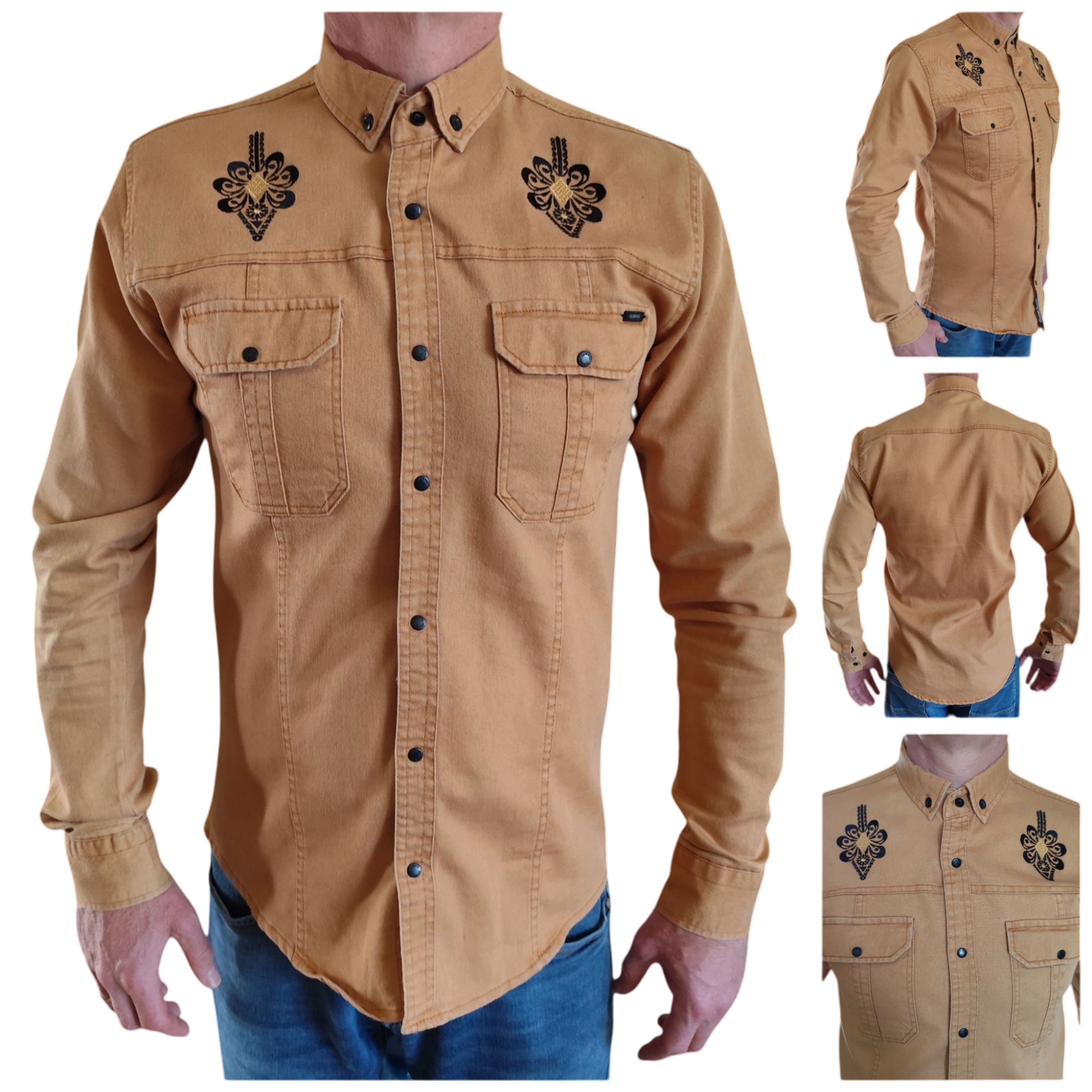 Pánská košile s výšivkou Slim Fit snapy elegantní casual Folk Světle hnědá XL