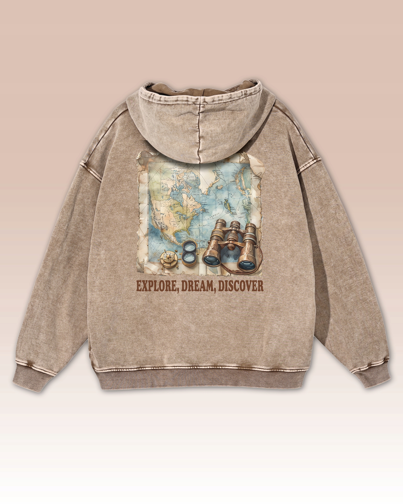 Mikina Explore Dream Discover Mapa Dalekohled Kompas Cestování Béžová XL