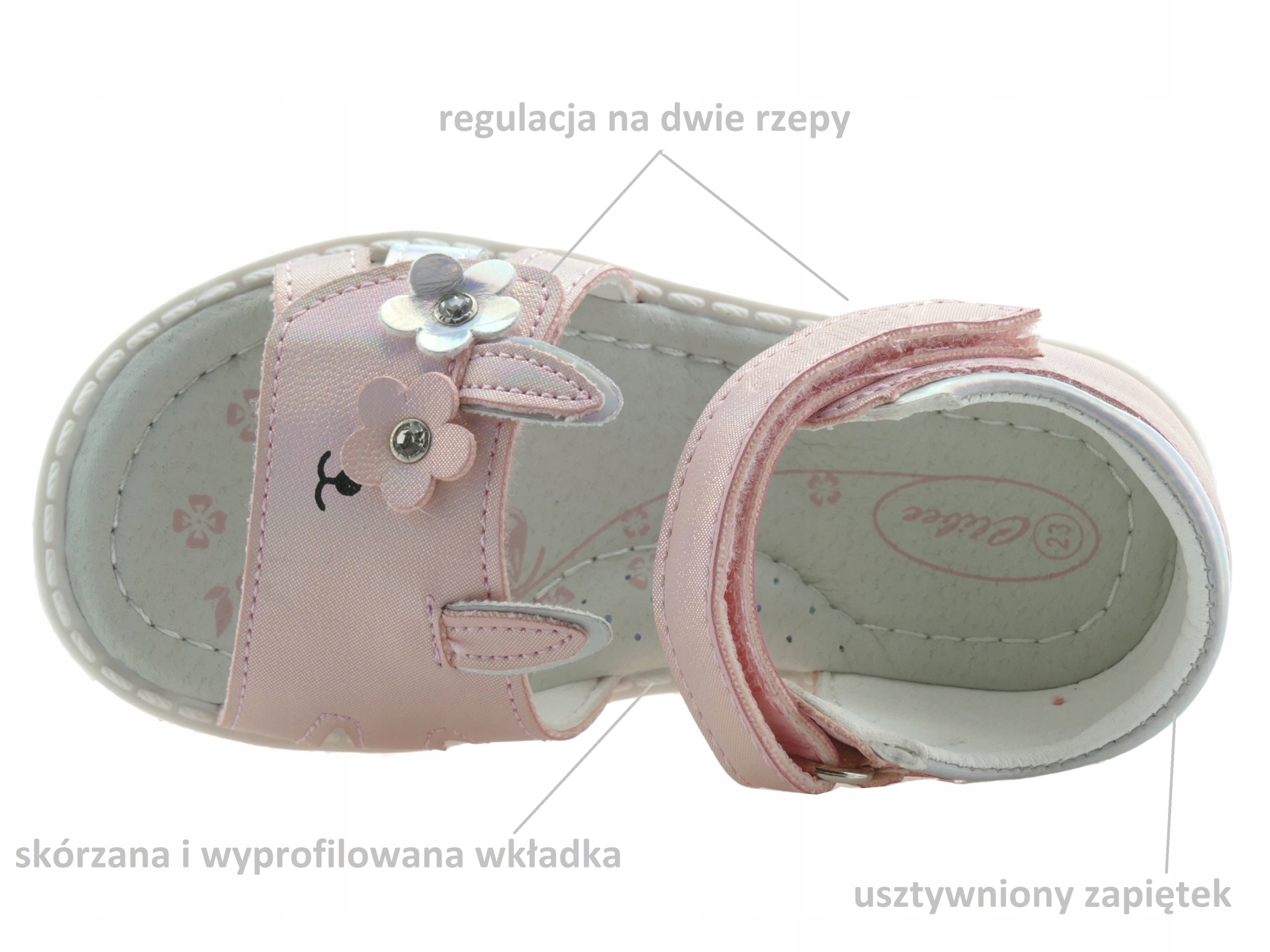 SANDAŁY DZIEWCZĘCE BUTY DZIECIĘCE SANDAŁKI NA RZEPY WKŁ. SKÓRA R. 21 Materiał skóra ekologiczna