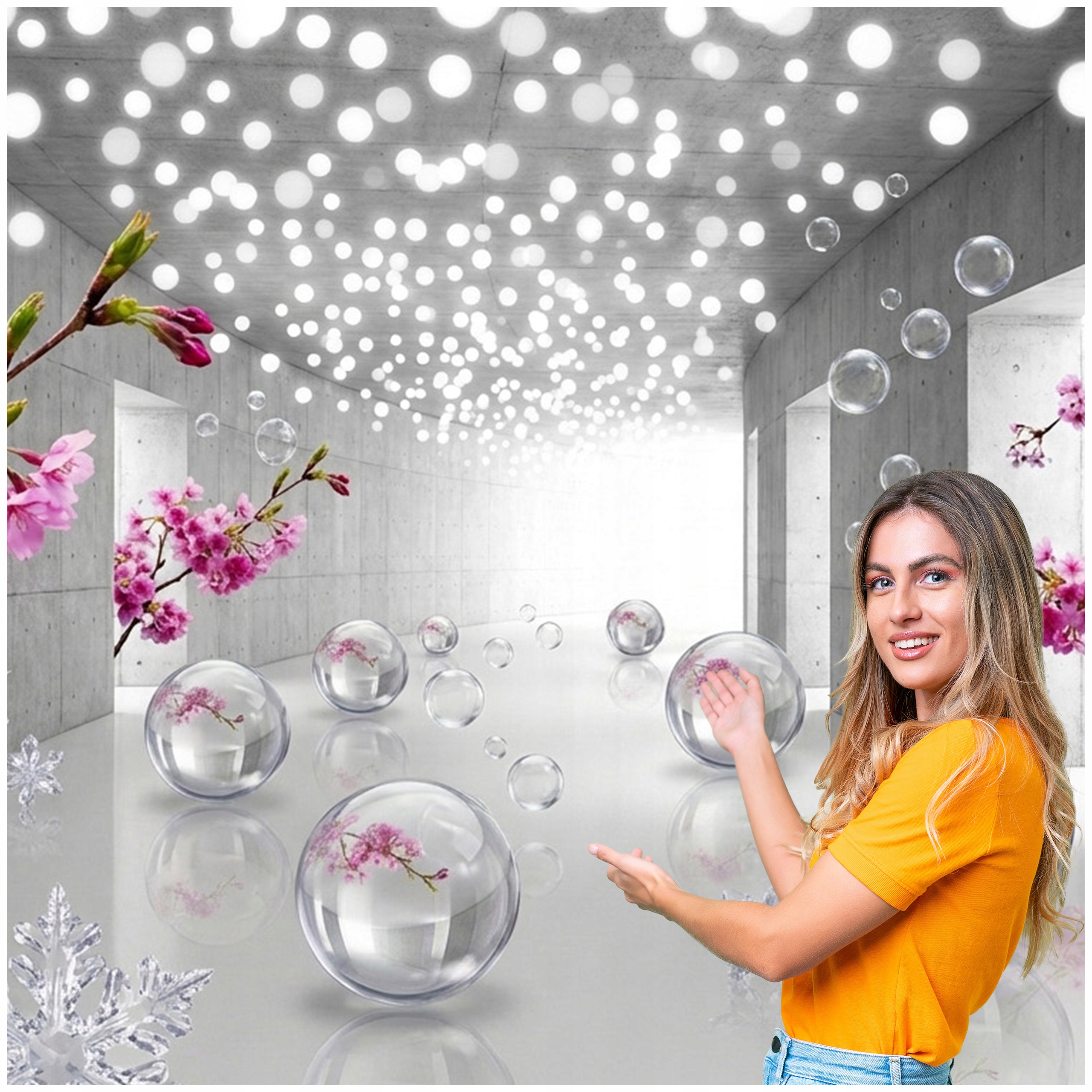 Fototapeta 3D Tunel Chodba Ilúzia Sklenené gule Kvety 490x260 TUN10W