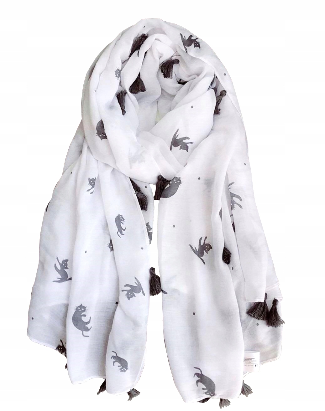 

Szal Szalik Damski print w koty frędzelki biały