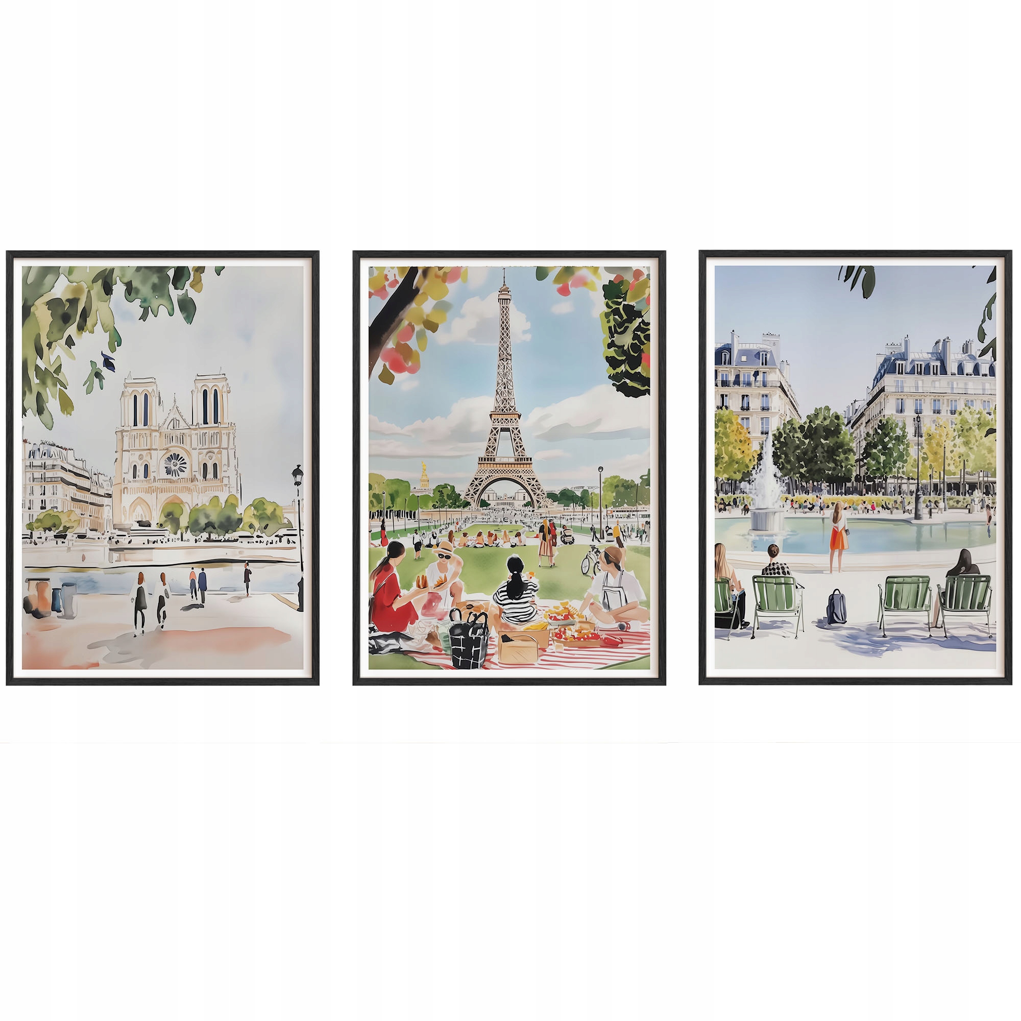 Obrazy Paríž Akvarel Plagáty Drevené rámy Čierne 3ks 30x42 cm