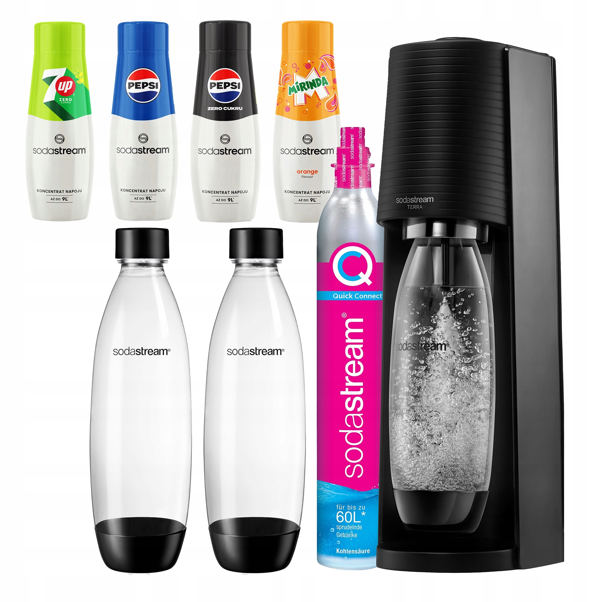 Sodastream Terra Saturátor Bombička 2 Fľaše 2x 1 l Sirupy Pepsi Mirinda 7up