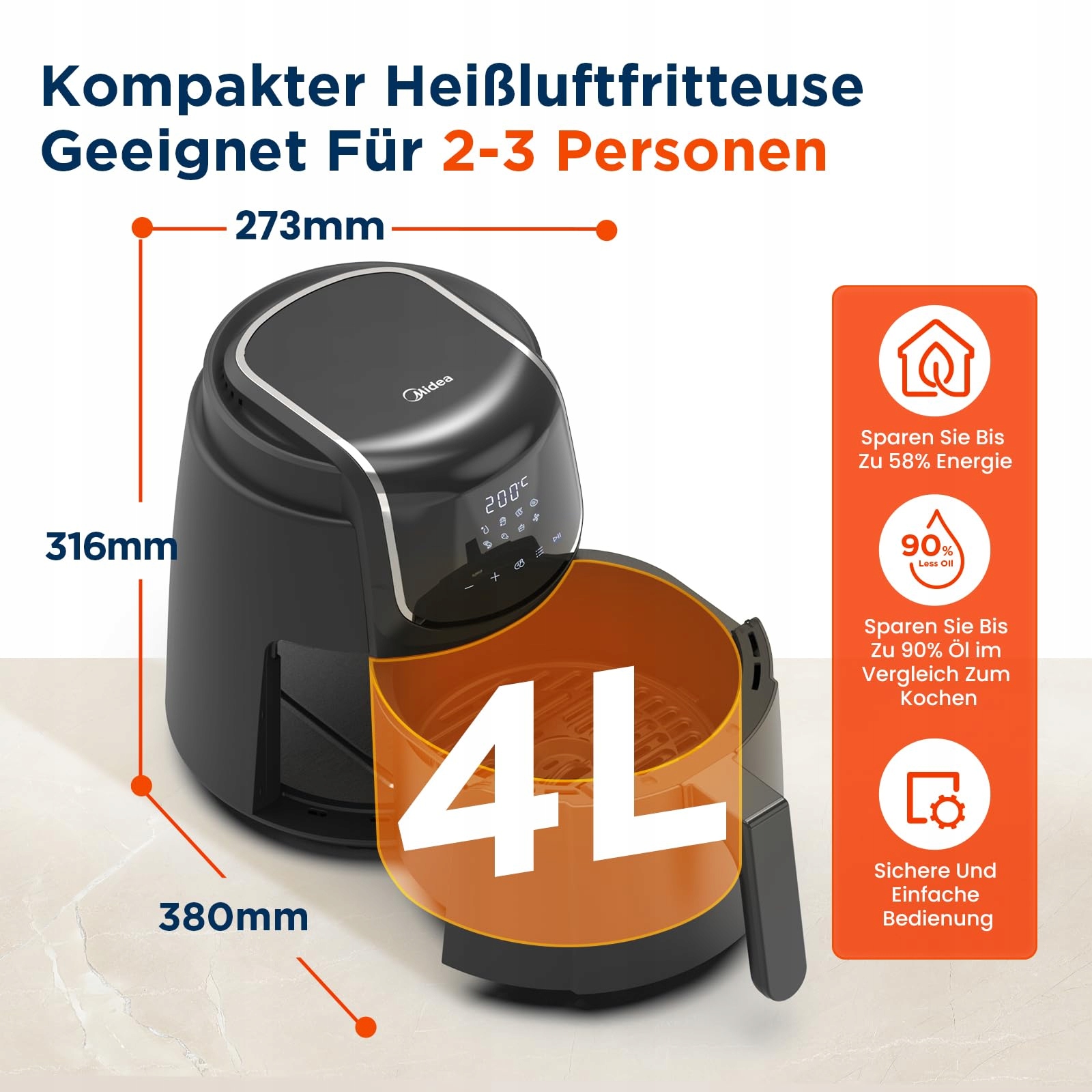 MIDEA Beztłuszczowa Frytkownica 4L 1500W 8 Programów Timer 60 Minut — miniatura 3