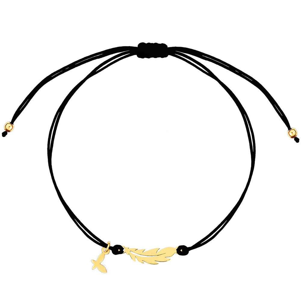 Bransoletka Złota Na Sznurku Czarna Piórko Pióro Regulowana Złoto 585 Sadva